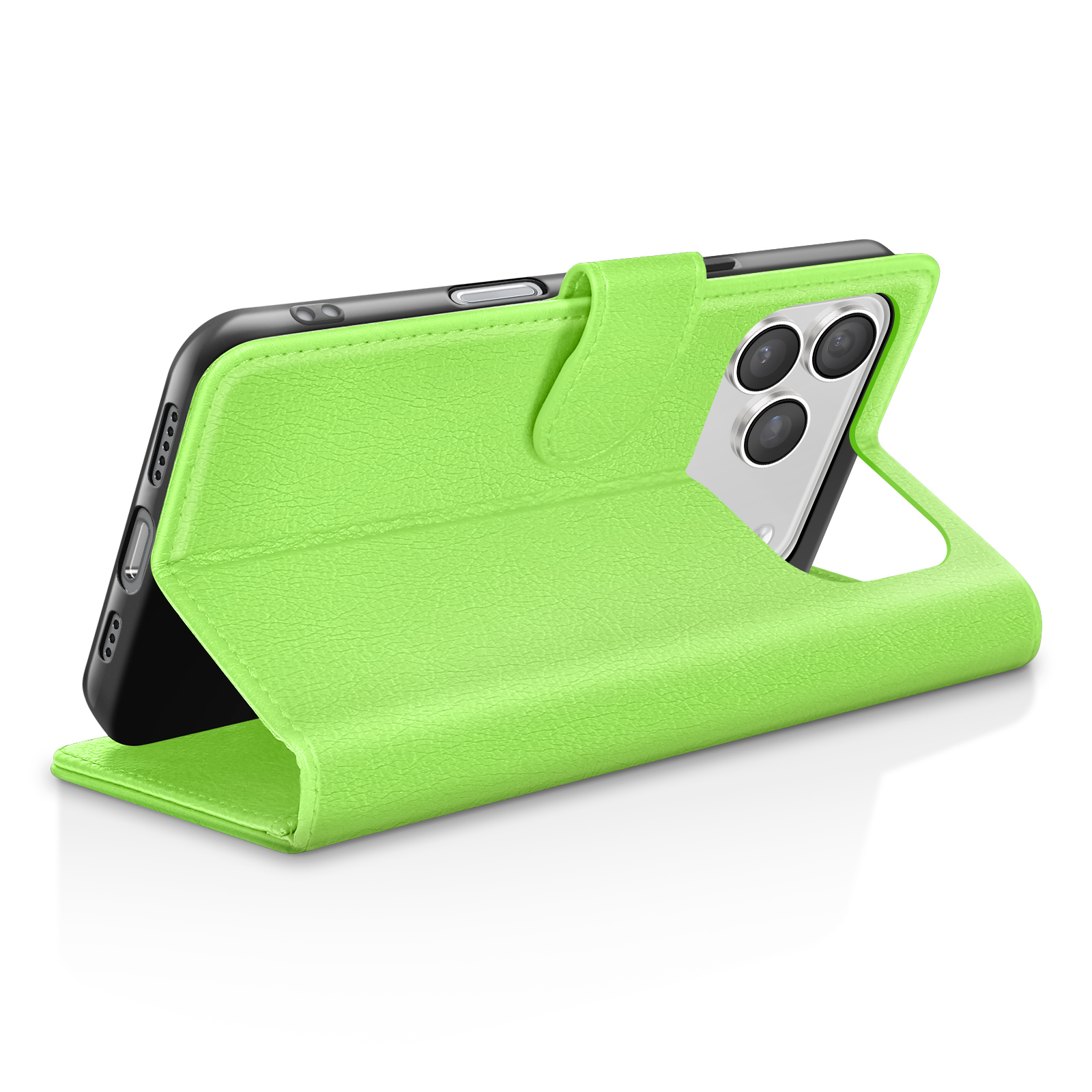 Een limoengroene telefoonhoes in portemonnee-stijl, met een zwarte smartphone. De hoes is open en toont de camera van de telefoon.
