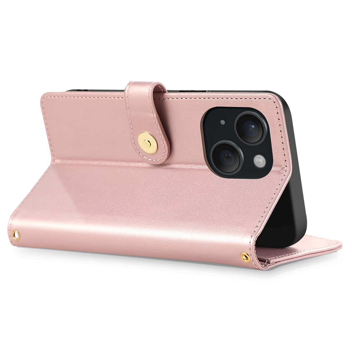 Una custodia per telefono in pelle rosa è aperta, rivelando la fotocamera del telefono. La custodia ha una chiusura magnetica.