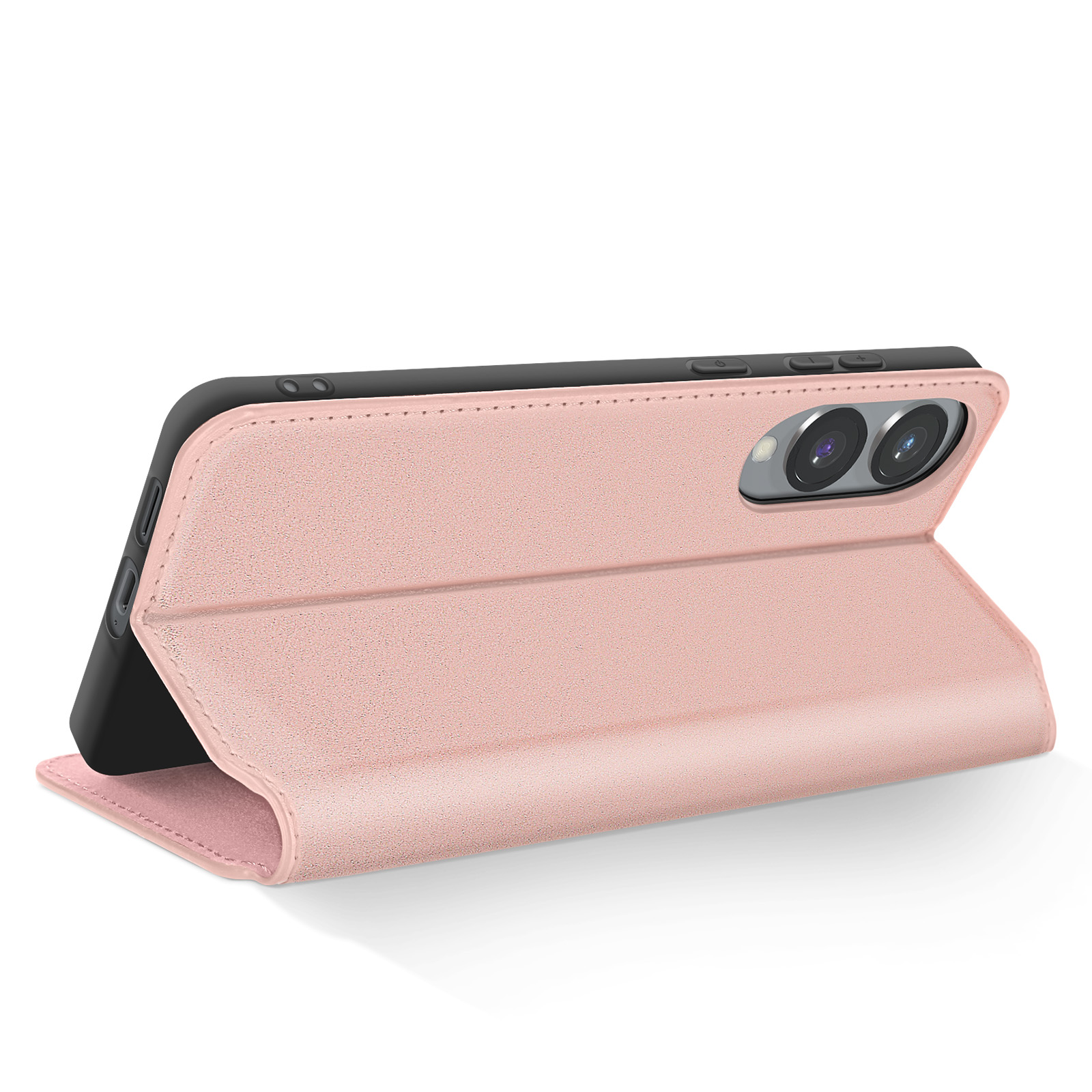 Una custodia rosa per telefono è aperta, rivelando un telefono nero con doppia fotocamera. La custodia è su sfondo bianco.