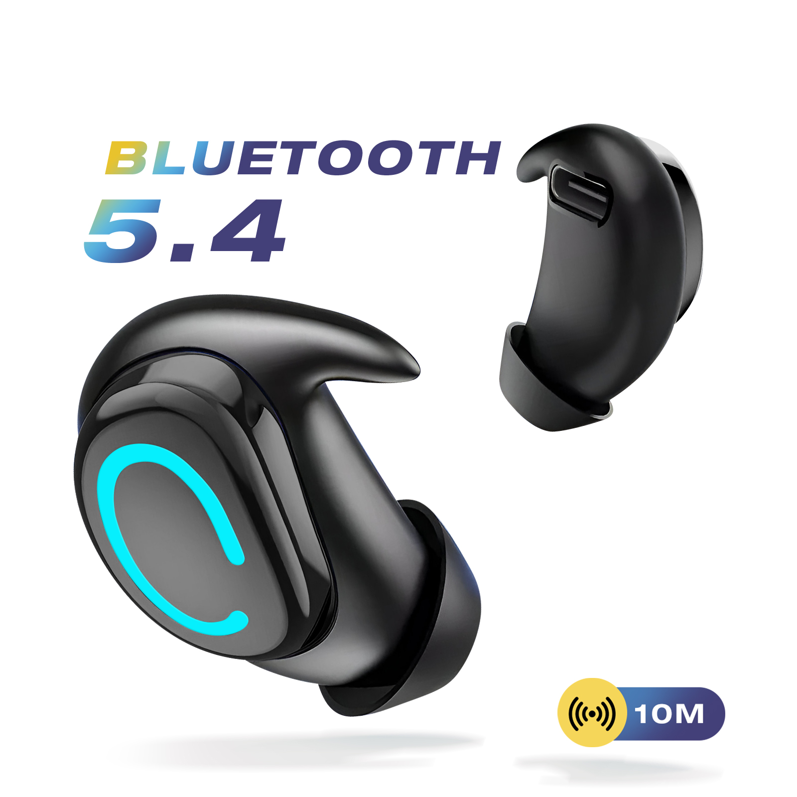 Deux écouteurs sans fil noirs avec des accents bleus. Le texte 'BLUETOOTH 5.4' est en haut. Une icône jaune avec '10M' est en bas.