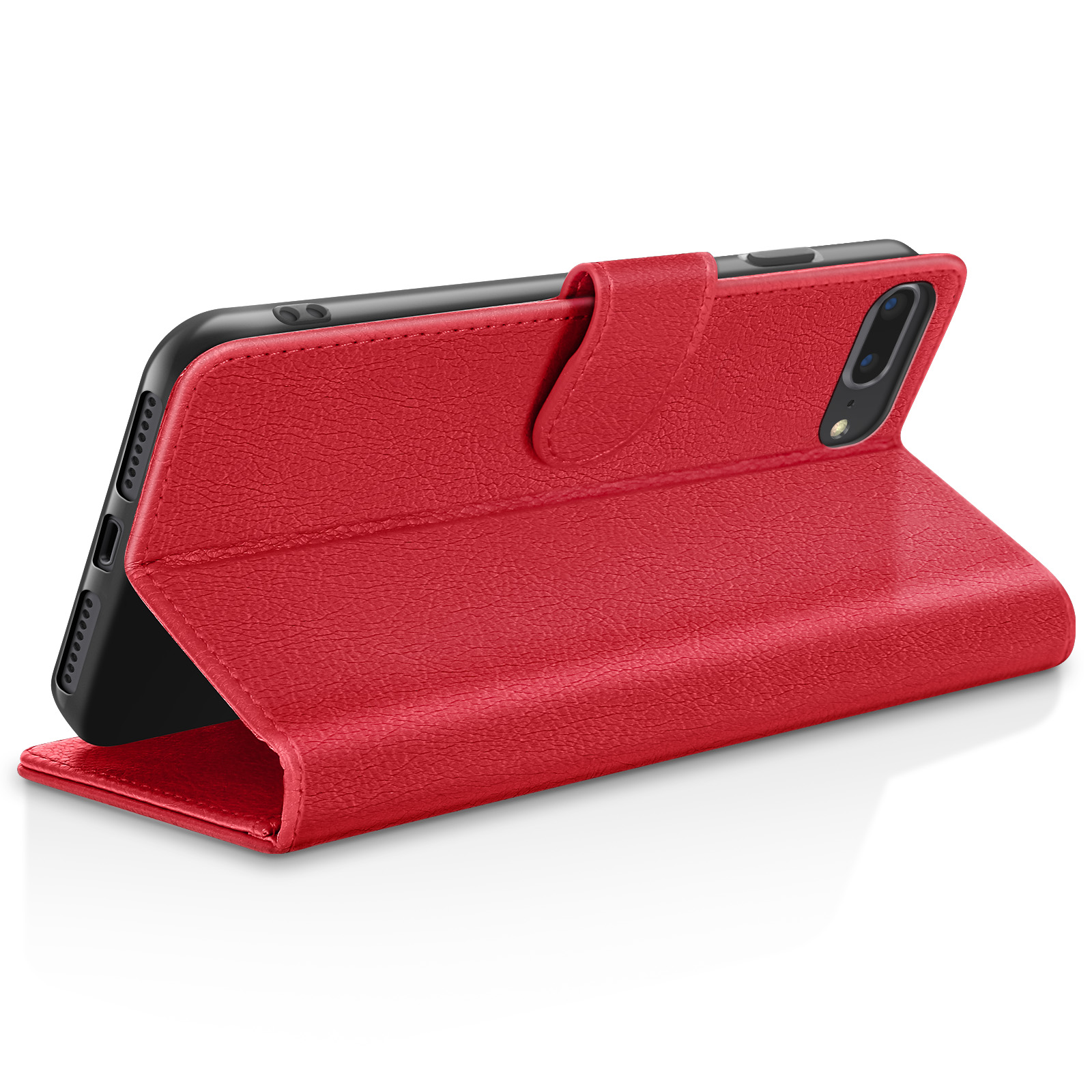 Étui de téléphone rouge, ouvert, tenant un téléphone noir. L'étui est en simili cuir avec un fermoir.