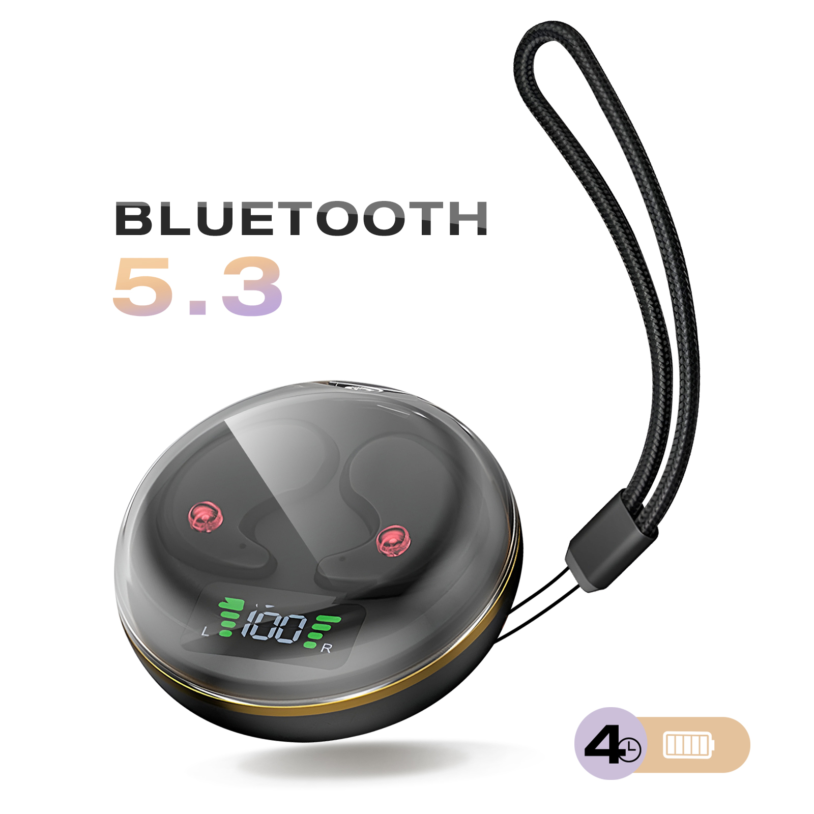 Custodia per auricolari con logo Bluetooth 5.3. La custodia mostra il livello della batteria e la carica degli auricolari. Cinturino nero in alto a destra.
