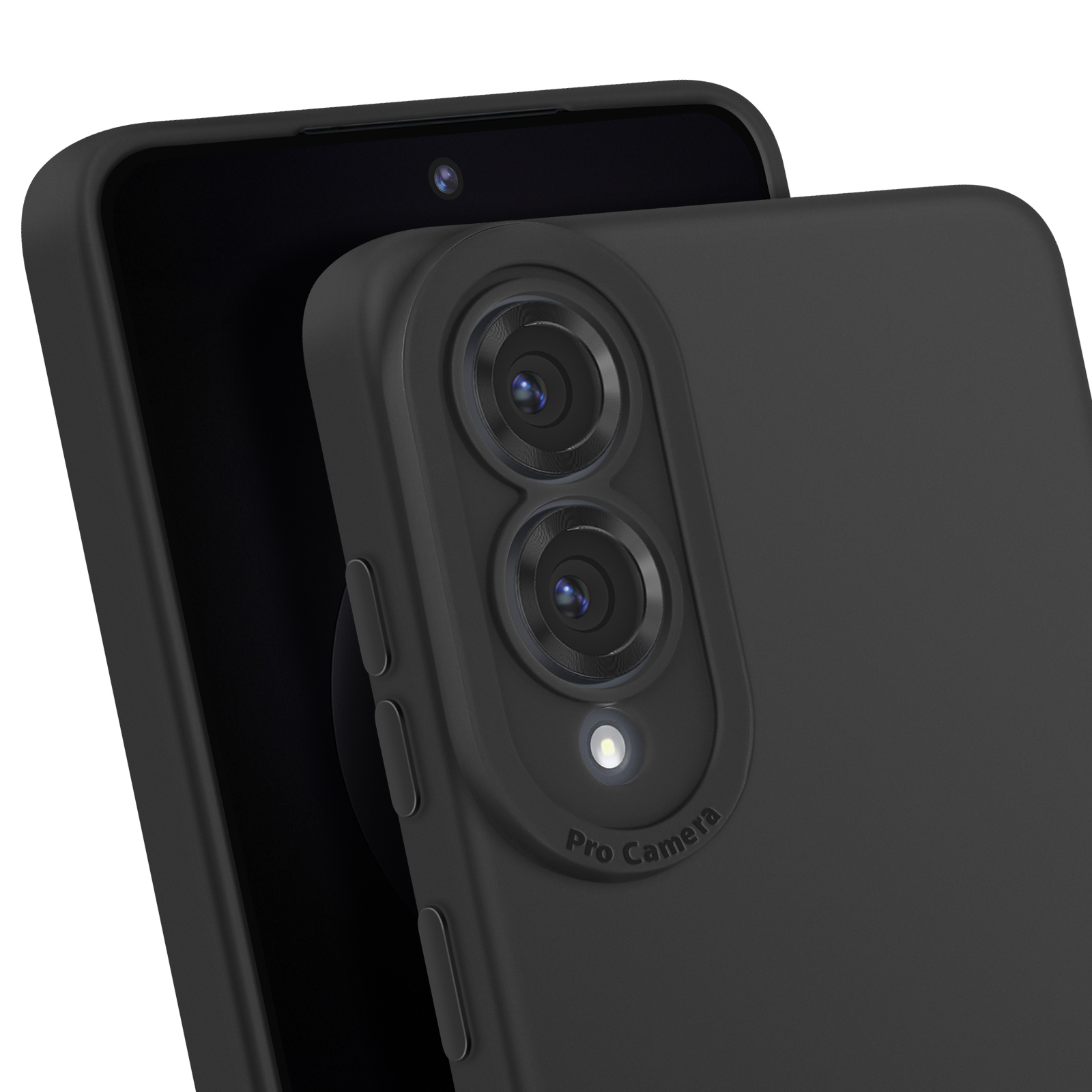 Primo piano di un telefono nero con custodia protettiva. Presenta doppie lenti della fotocamera, un flash e la scritta 'Pro Camera'.