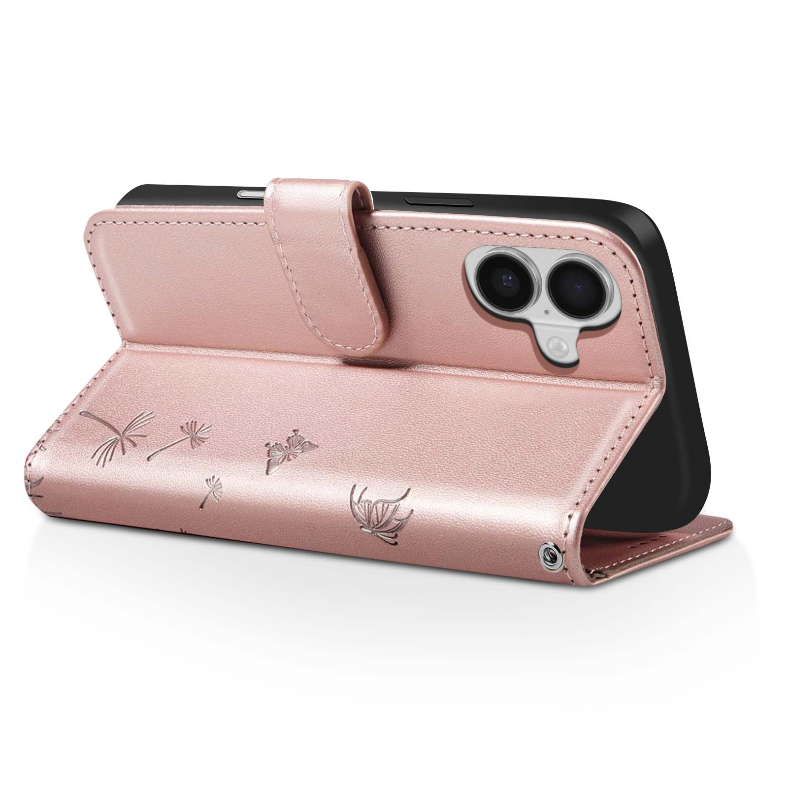 Custodia per telefono rosa con design a farfalla e dente di leone. All'interno c'è un telefono. La custodia è aperta.