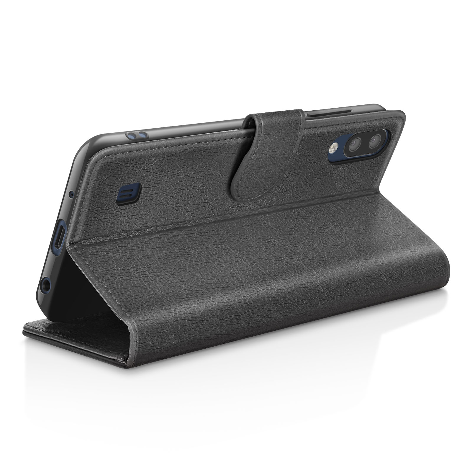 Un étui de téléphone noir avec un téléphone à l'intérieur. L'étui est ouvert et incliné, montrant l'écran et l'appareil photo.