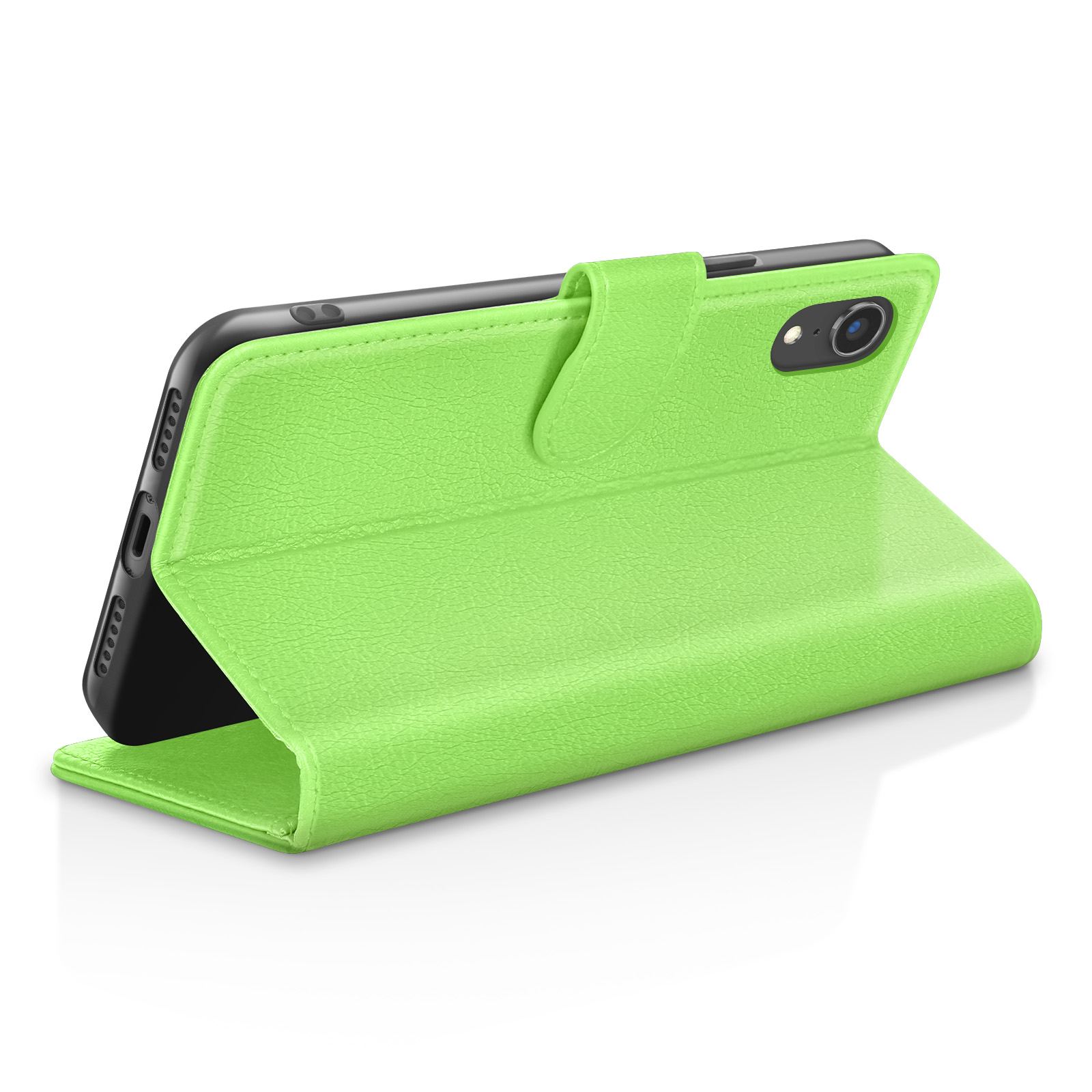 Un étui de téléphone vert, ouvert, avec un téléphone noir à l'intérieur. L'étui est sur une surface blanche.