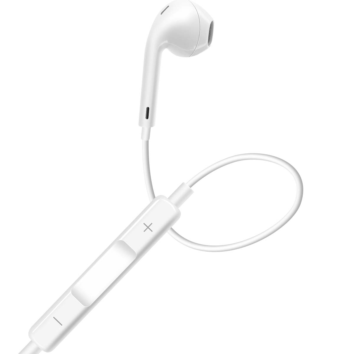 Écouteurs blancs avec un bouton de commande. Les écouteurs sont sur fond blanc. Le bouton de commande affiche des signes plus et moins.