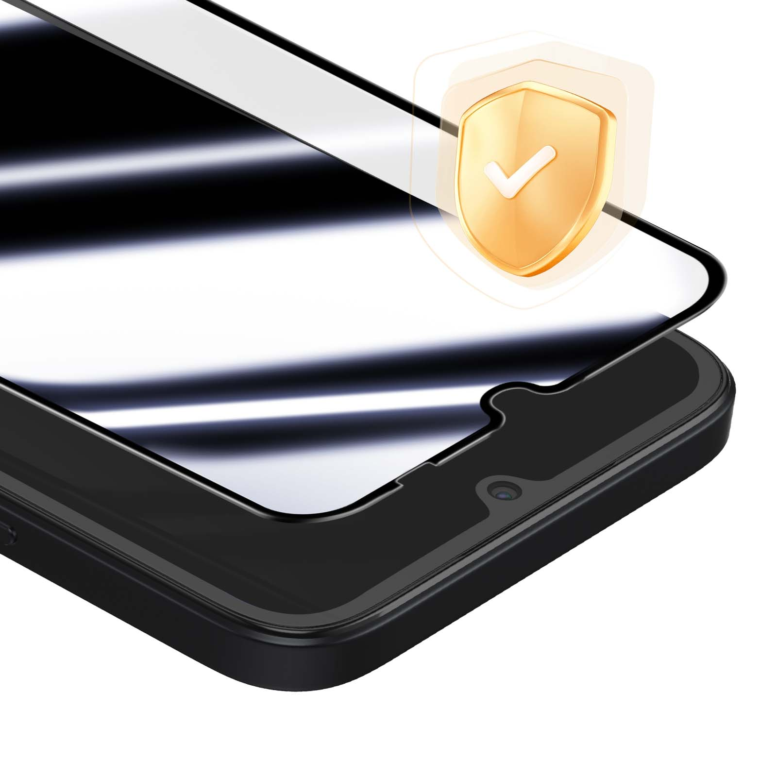 Gros plan d'un smartphone noir avec un protecteur d'écran. Une icône de bouclier doré avec une coche est superposée.