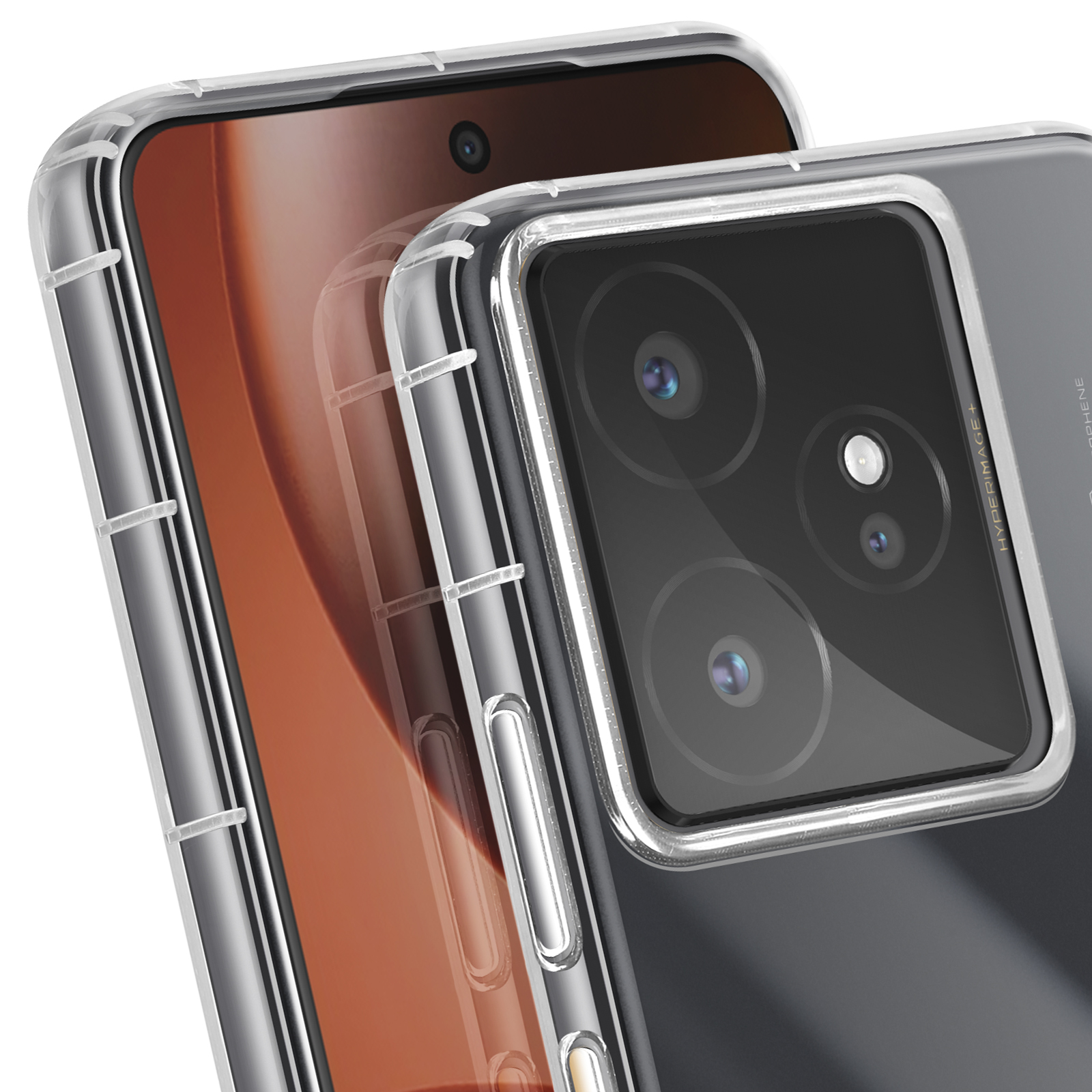 Deux smartphones dans des étuis transparents. L'un montre l'écran, l'autre présente plusieurs objectifs.