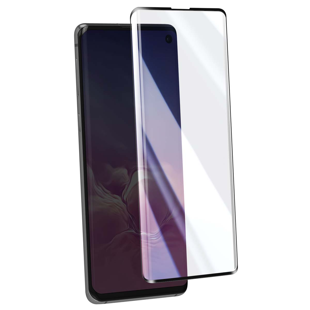 Uno smartphone con protezione schermo. Il telefono è nero con uno schermo che mostra riflessi viola e bianchi. La protezione è trasparente.