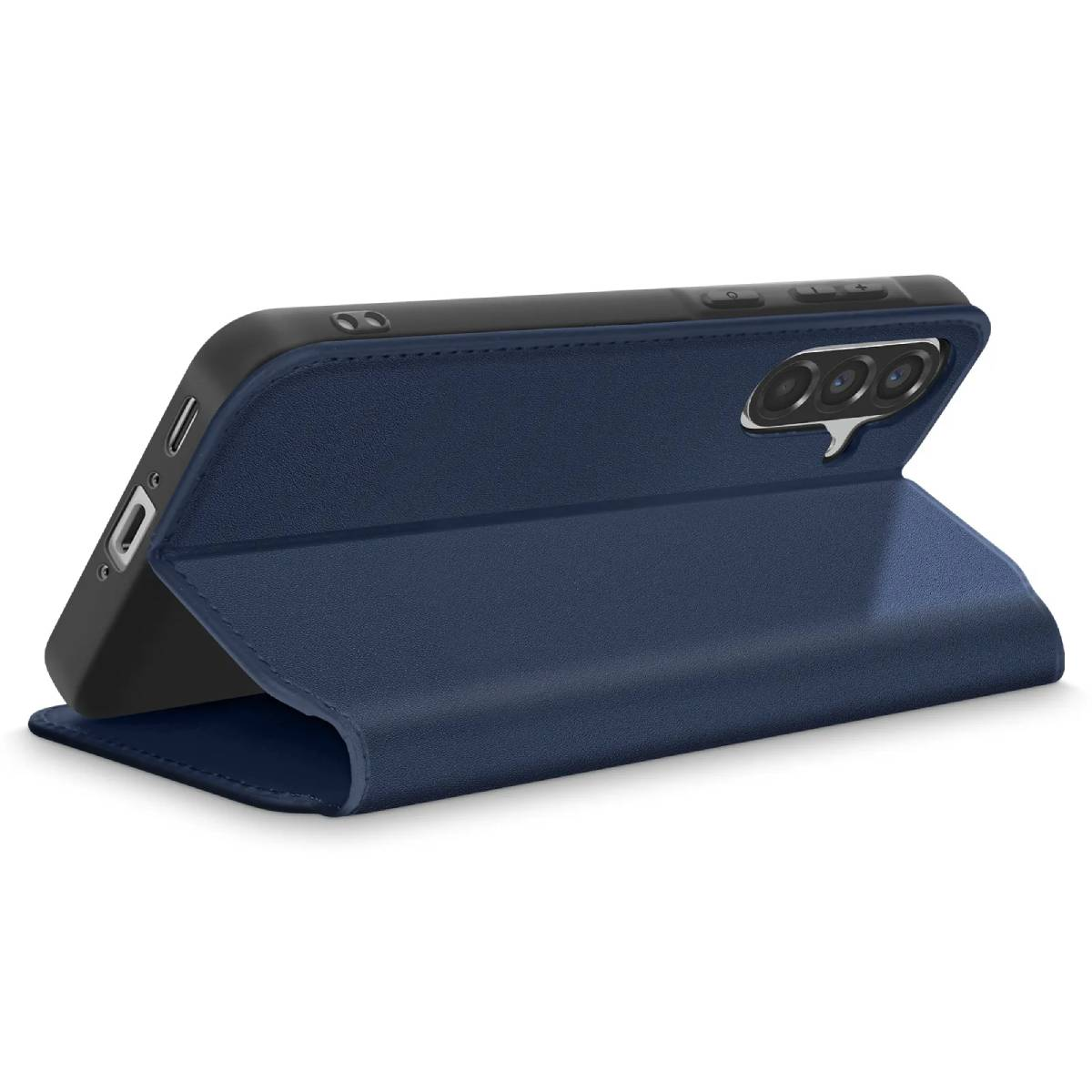 Una custodia blu per telefono è aperta, mostrando la fotocamera e i pulsanti del telefono. La custodia è su sfondo bianco.
