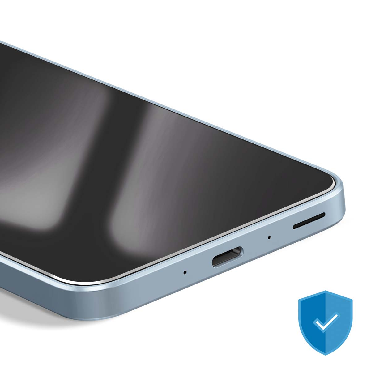 Primo piano di uno smartphone blu con schermo nero. Uno scudo blu con un segno di spunta in basso a destra.
