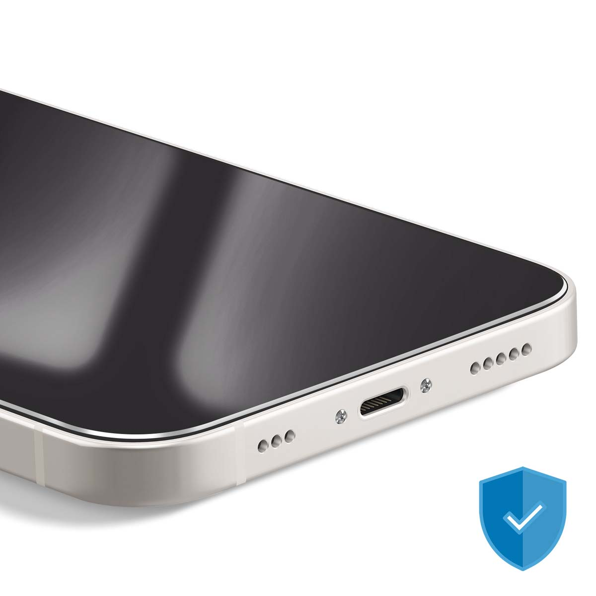 Gros plan d'un smartphone. L'écran est sombre avec un cadre métallique. Un bouclier bleu avec une coche dans le coin.