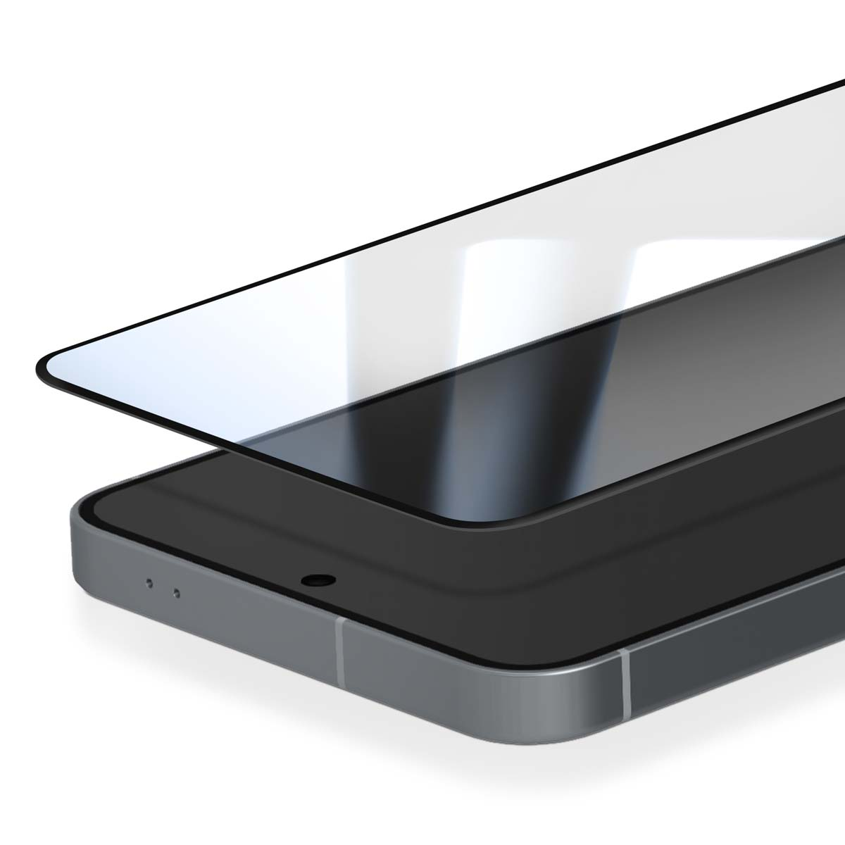 Un smartphone avec un protecteur d'écran. Le téléphone est gris, le protecteur est transparent et ils sont légèrement séparés.