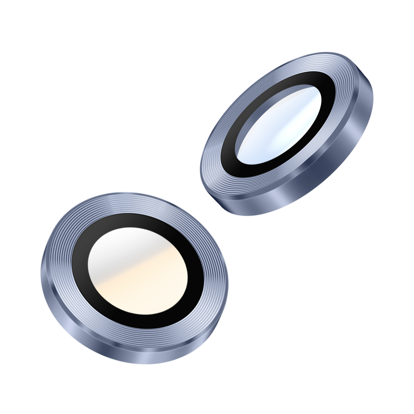 Due lenti di fotocamere circolari metalliche su sfondo bianco. Una è angolata, l'altra piatta.