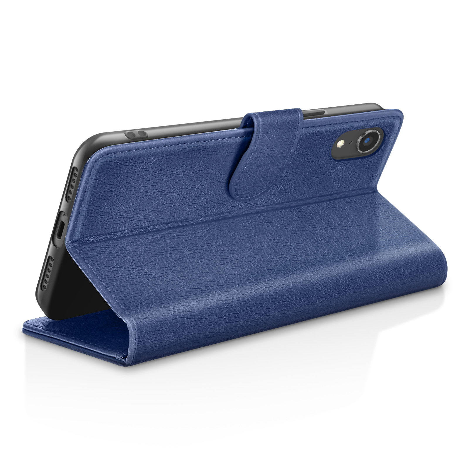 Una custodia blu per telefono è aperta, mostrando il telefono all'interno. La custodia ha una finitura strutturata e una chiusura magnetica.