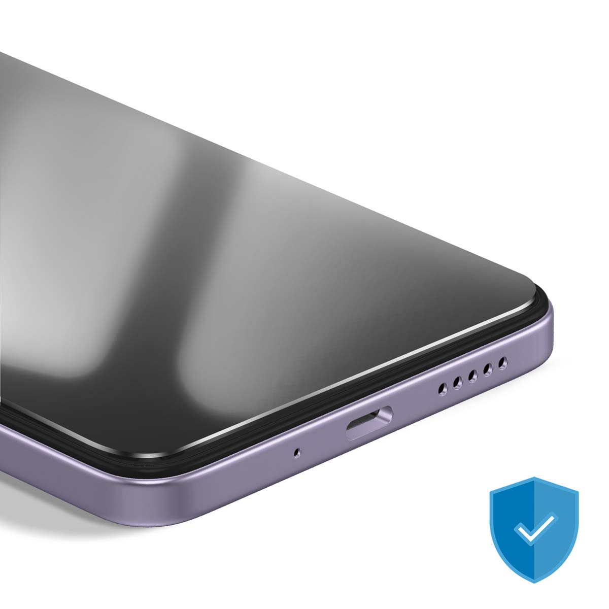 Primo piano di uno smartphone con protezione schermo. Il telefono è lavanda, con fori per altoparlanti e porta di ricarica. Icona scudo.