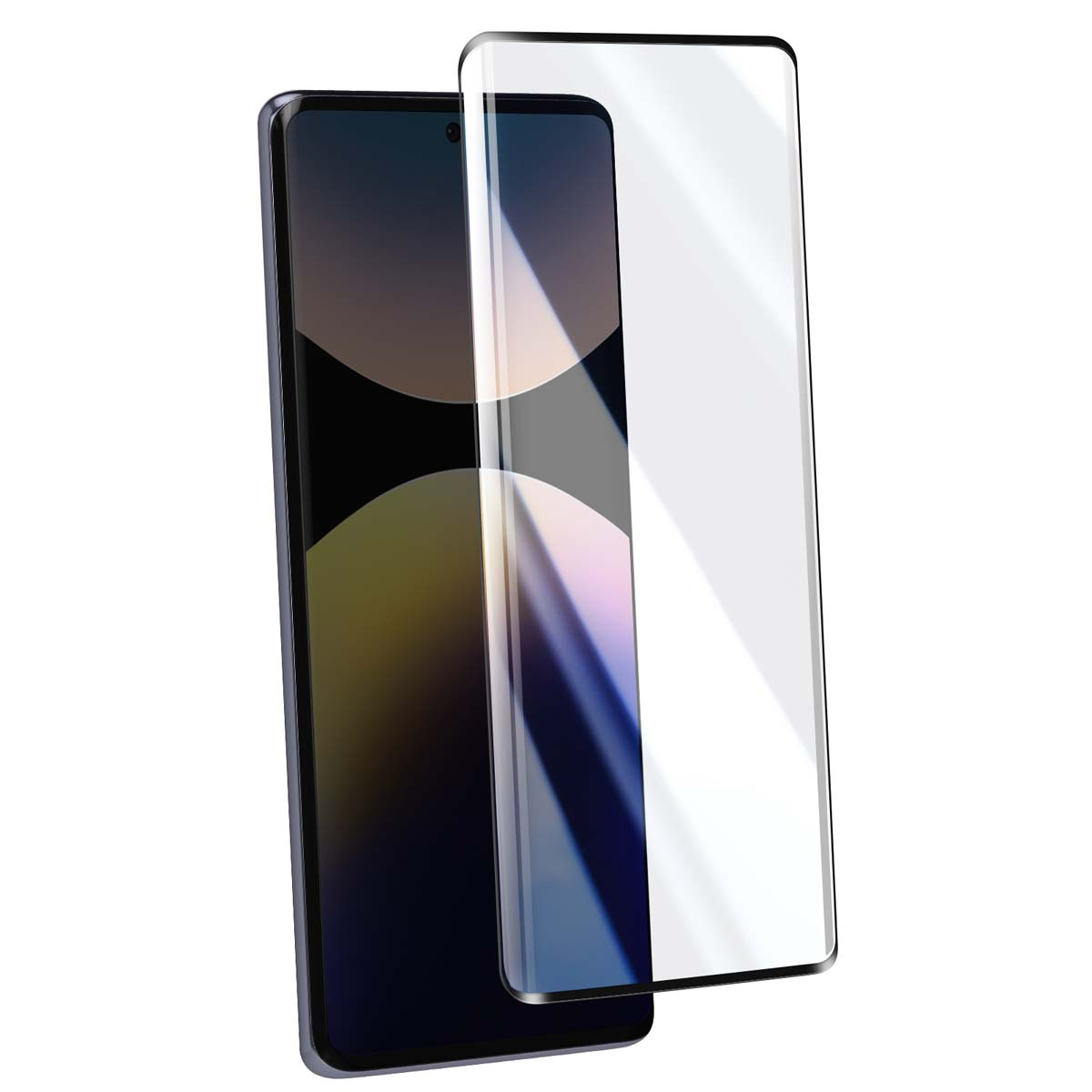 Uno smartphone con protezione schermo. Il telefono è scuro con schermo curvo. La protezione è trasparente, riflettendo la luce.