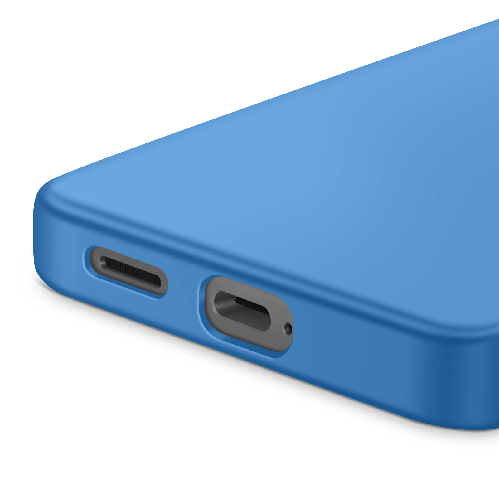 Close-up van een blauwe telefoonhoes met oplaad- en luidsprekerpoorten. Witte achtergrond.