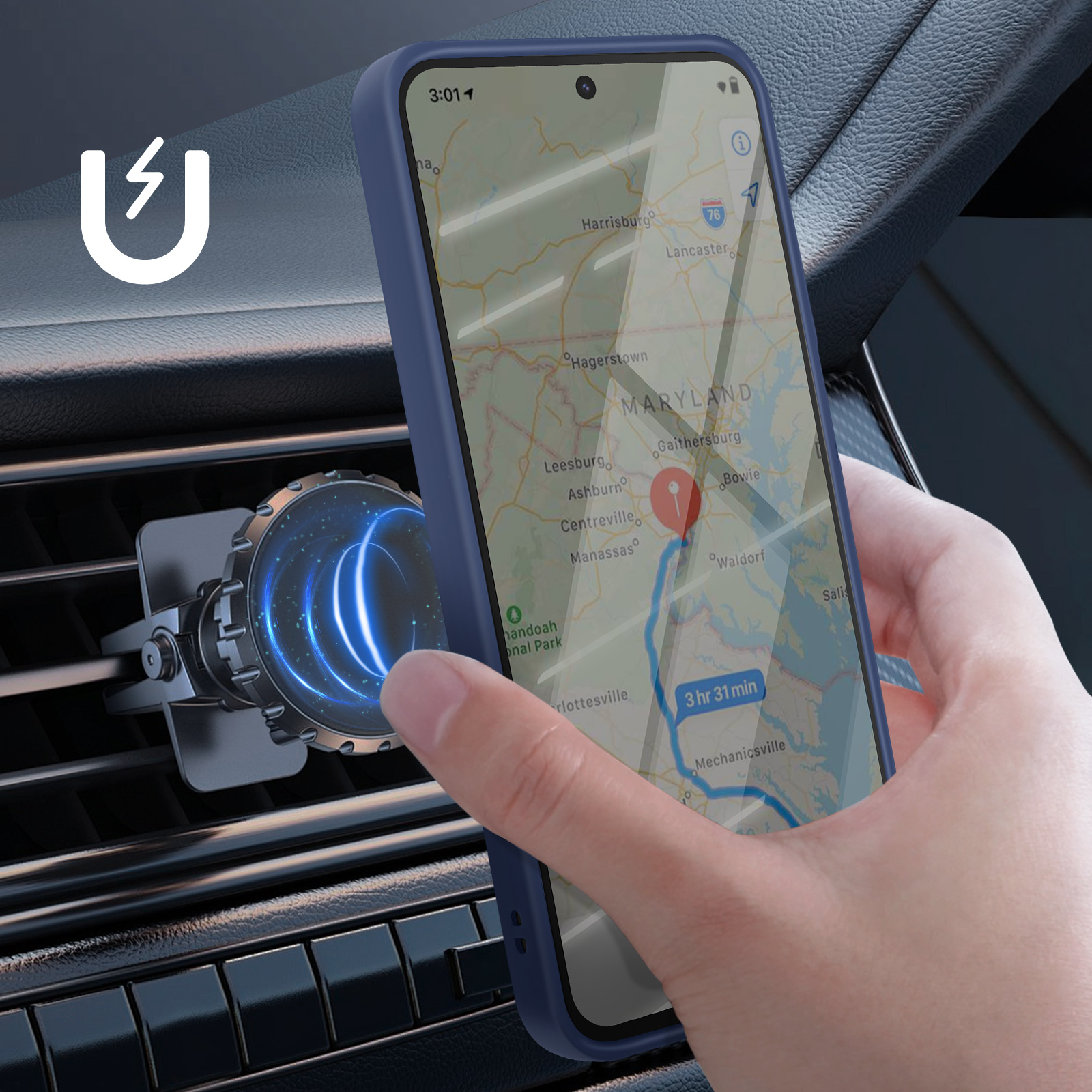 Un telefono con mappa è montato su una presa d'aria dell'auto. Una mano tocca lo schermo. Supporto magnetico visibile.