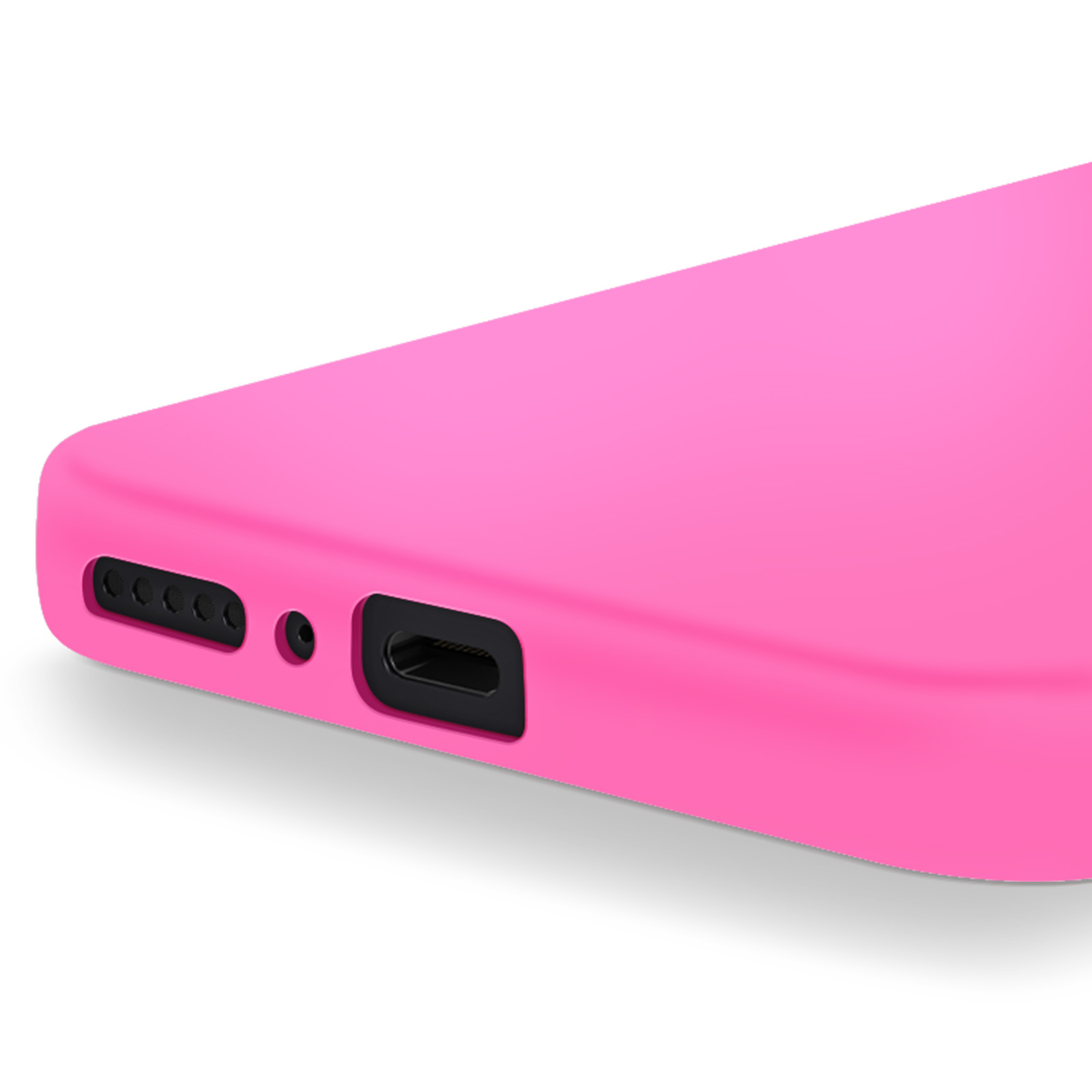 Primo piano di una custodia rosa per telefono. Mostra la porta di ricarica, i fori degli altoparlanti e un piccolo foro, su sfondo bianco.