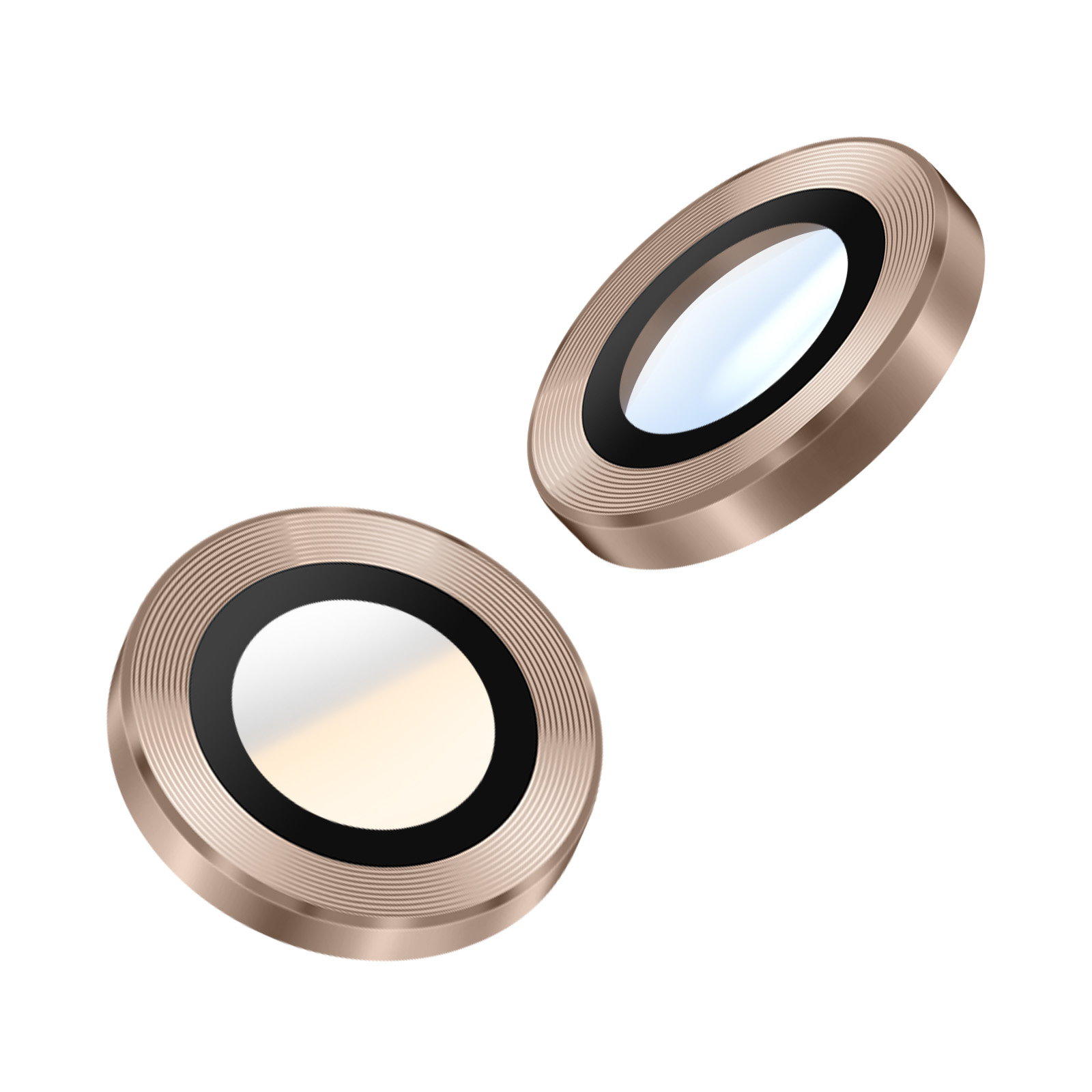 Due lenti metalliche per fotocamera con vetro nero e trasparente, su sfondo bianco.