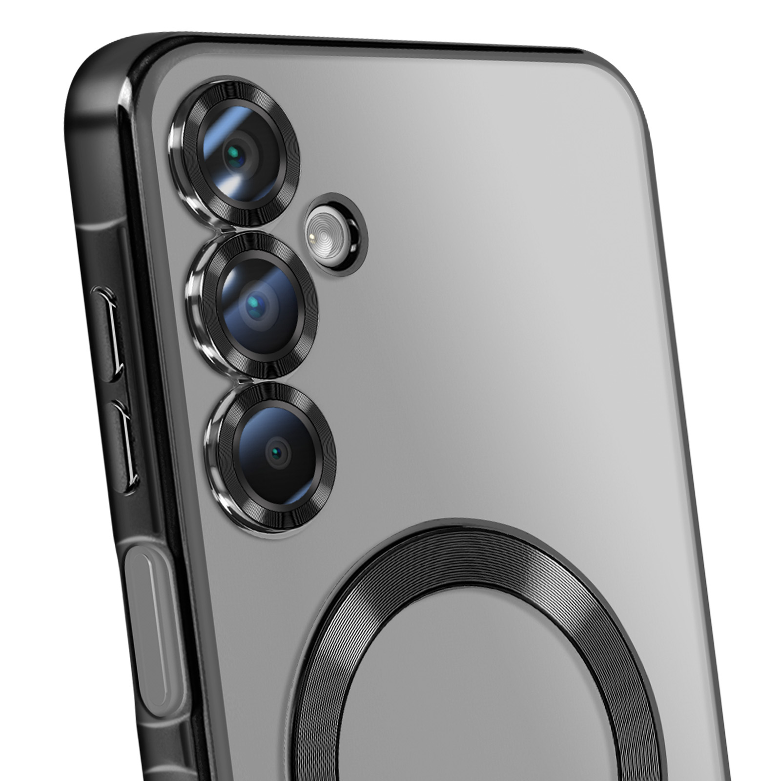 Nahaufnahme der Rückseite eines Telefons. Mit drei Kameralinsen, einem Blitz und einem Magnetring. Grau, Schwarz und Silber dominieren.