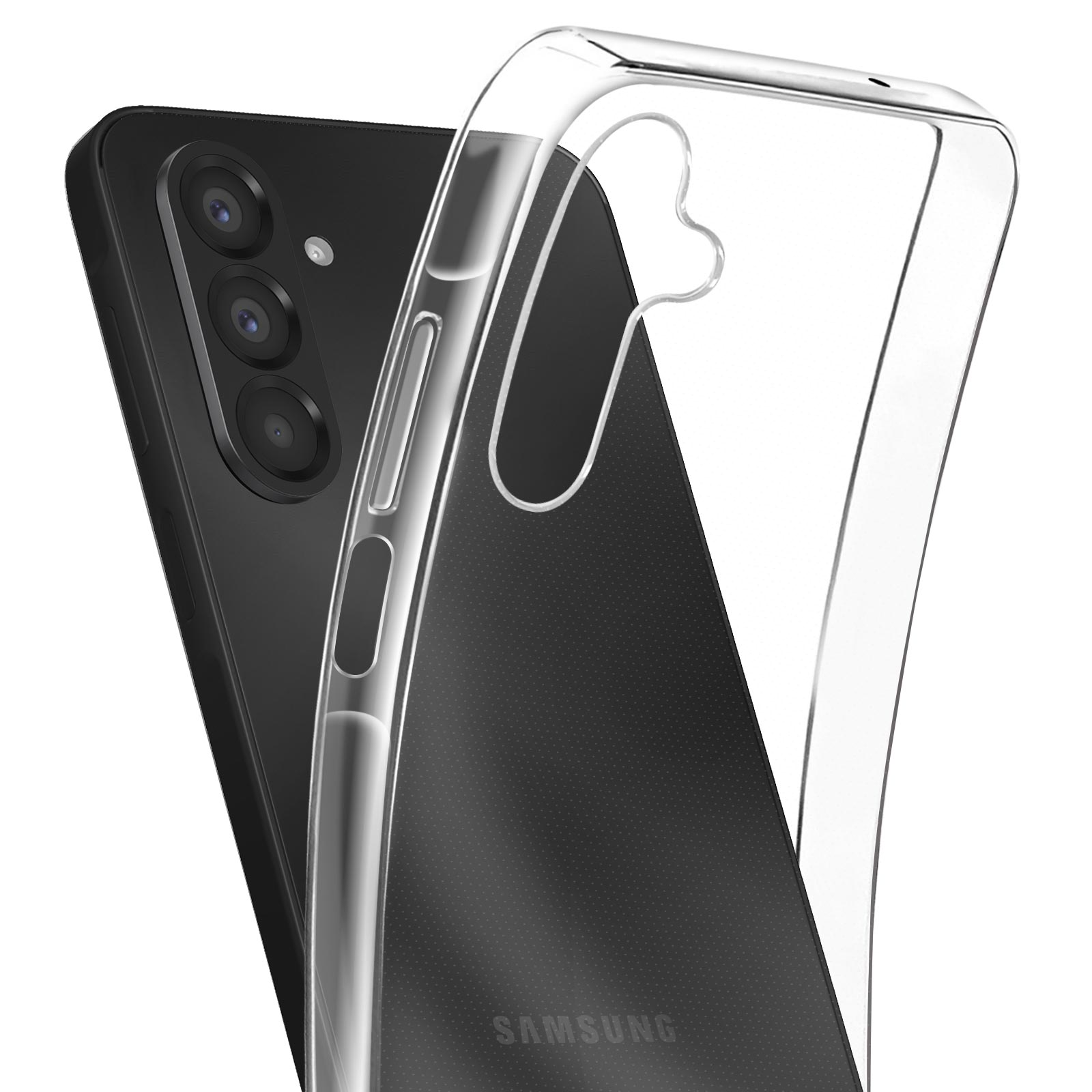 Un téléphone Samsung noir avec une coque transparente. La coque est à l'arrière du téléphone. Le fond est blanc.
