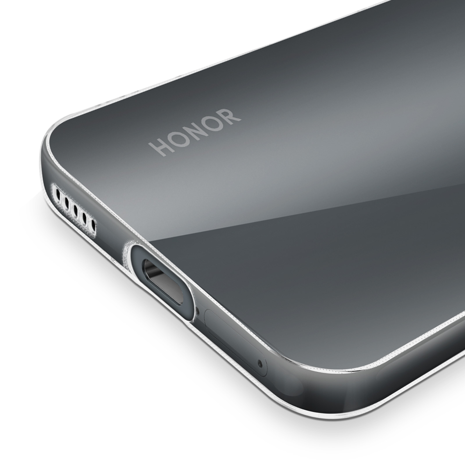 Gros plan d'un téléphone Honor gris. L'écran porte le logo Honor. Le bord inférieur du téléphone comporte des ports et un haut-parleur.