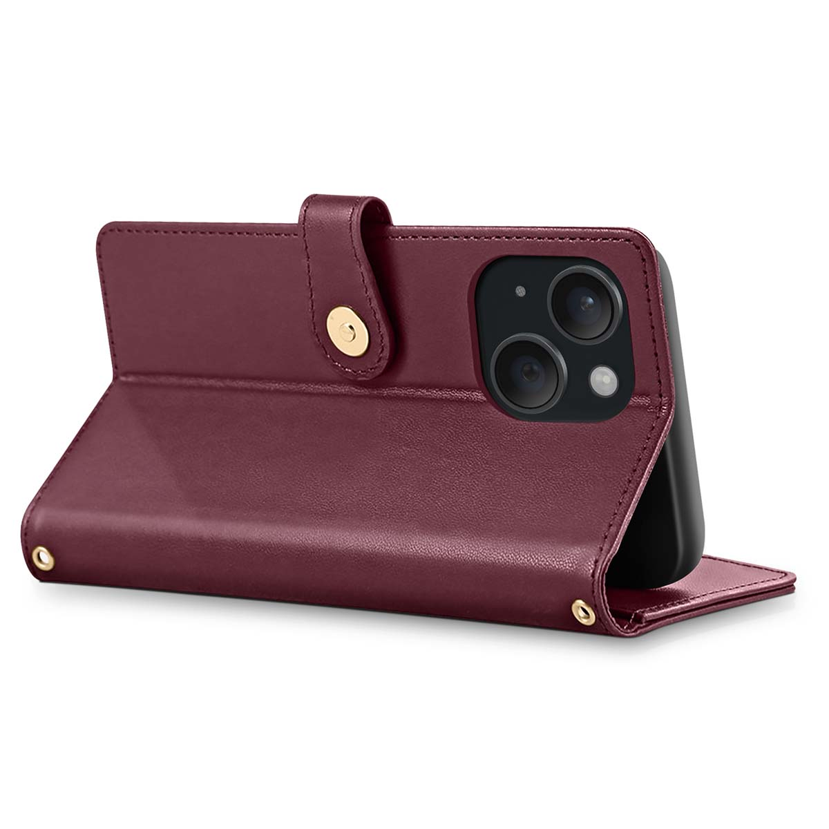 Una custodia bordeaux è aperta, rivelando un telefono nero con doppia fotocamera. La custodia ha una chiusura magnetica e dettagli dorati.