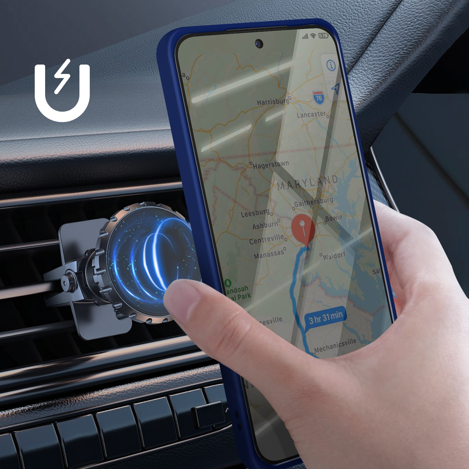Un telefono con una mappa è tenuto vicino a una presa d'aria dell'auto. È visibile anche un supporto magnetico per telefono da auto.