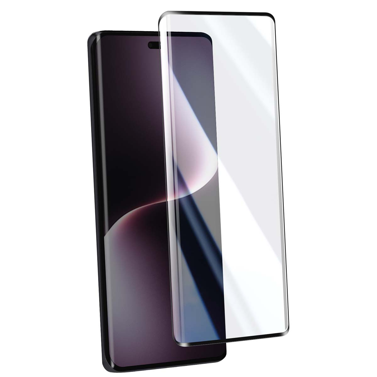 Een smartphone met een schermbeschermer. De telefoon is zwart en de beschermer is helder en licht gebogen.