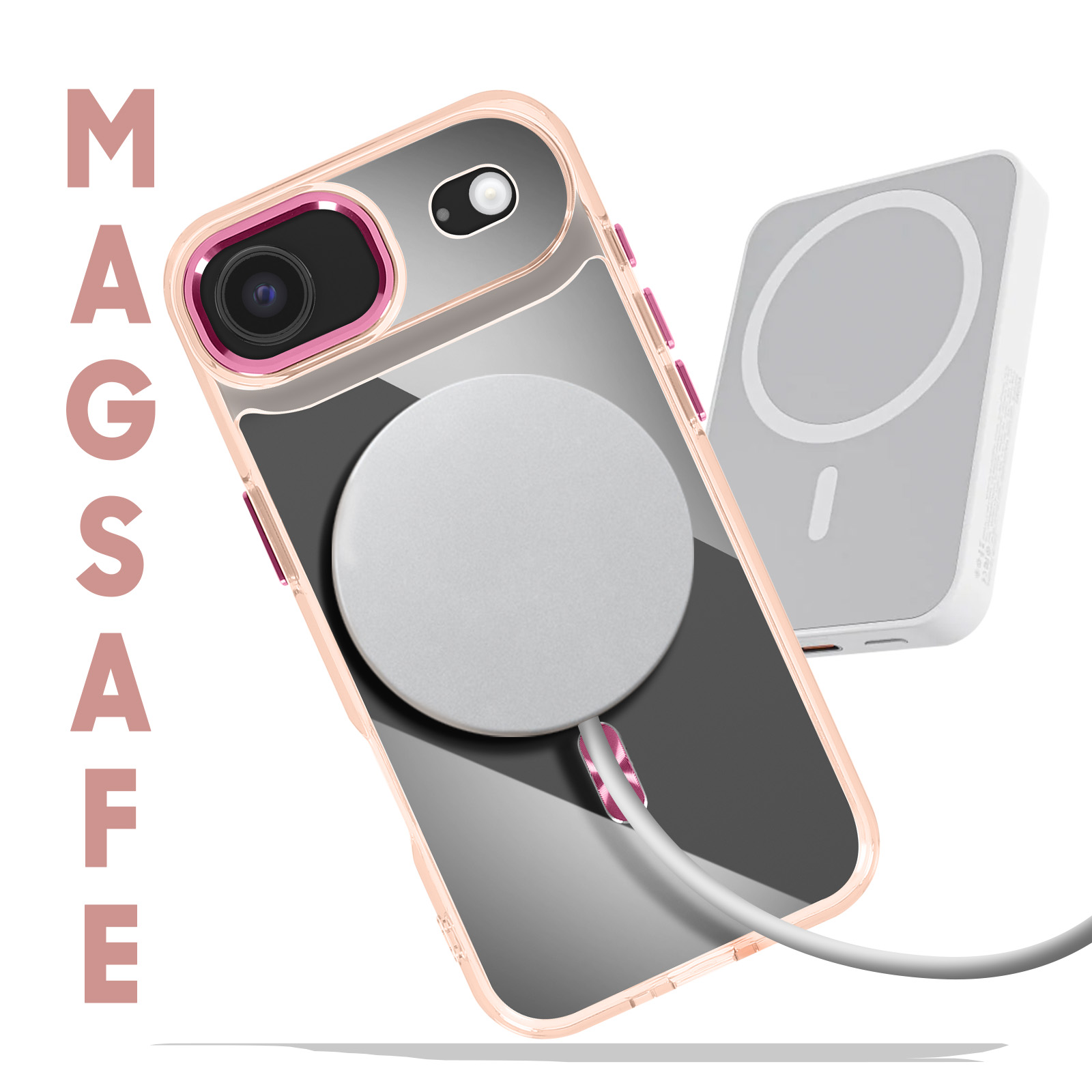 Een telefoon in een roze hoesje met een MagSafe-oplader. Het woord MAGSAFE staat verticaal. Witte achtergrond.