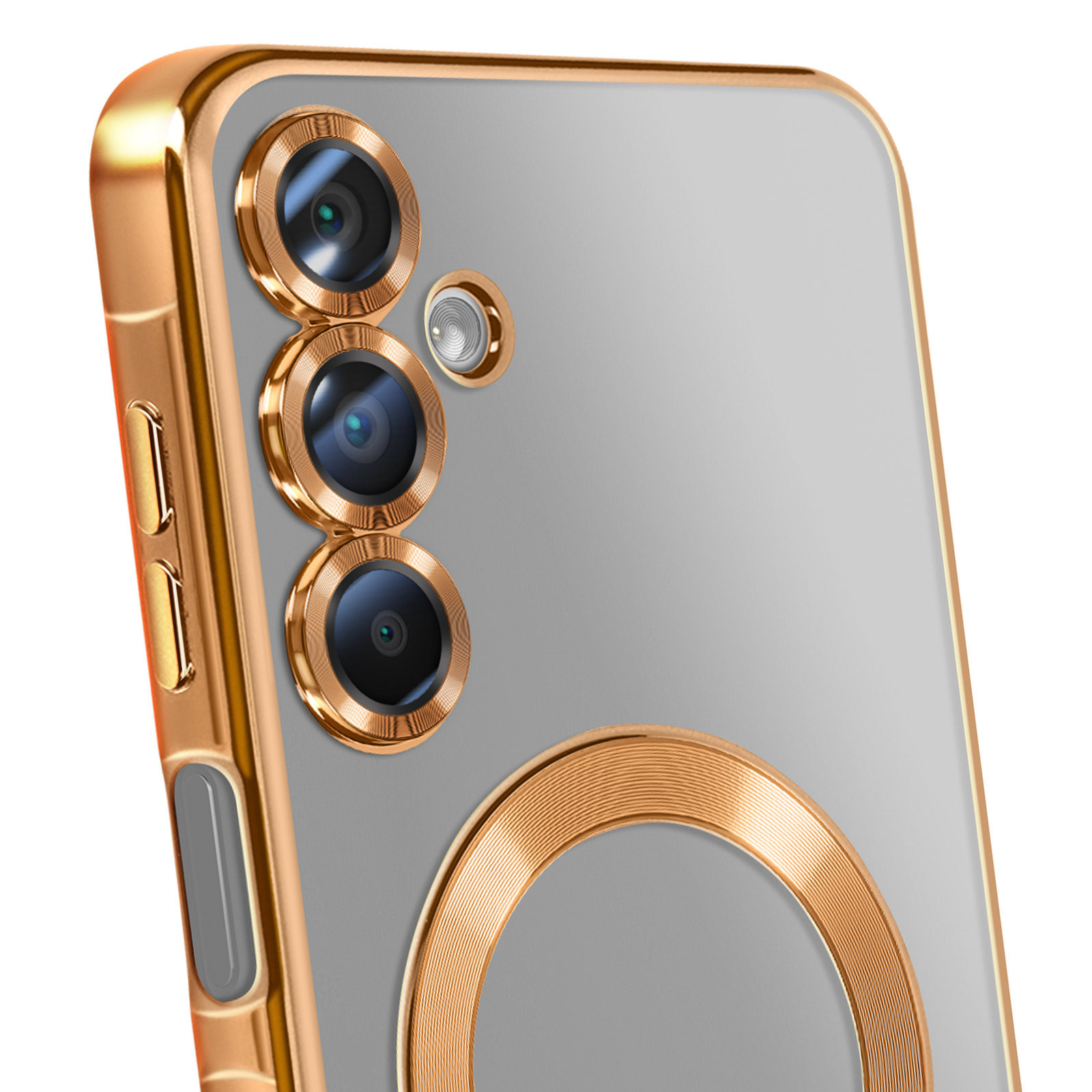Nahaufnahme einer Handyhülle mit drei Kameralinsen und einem kreisförmigen Design. Die Hülle ist goldfarben, mit grauem Rücken.