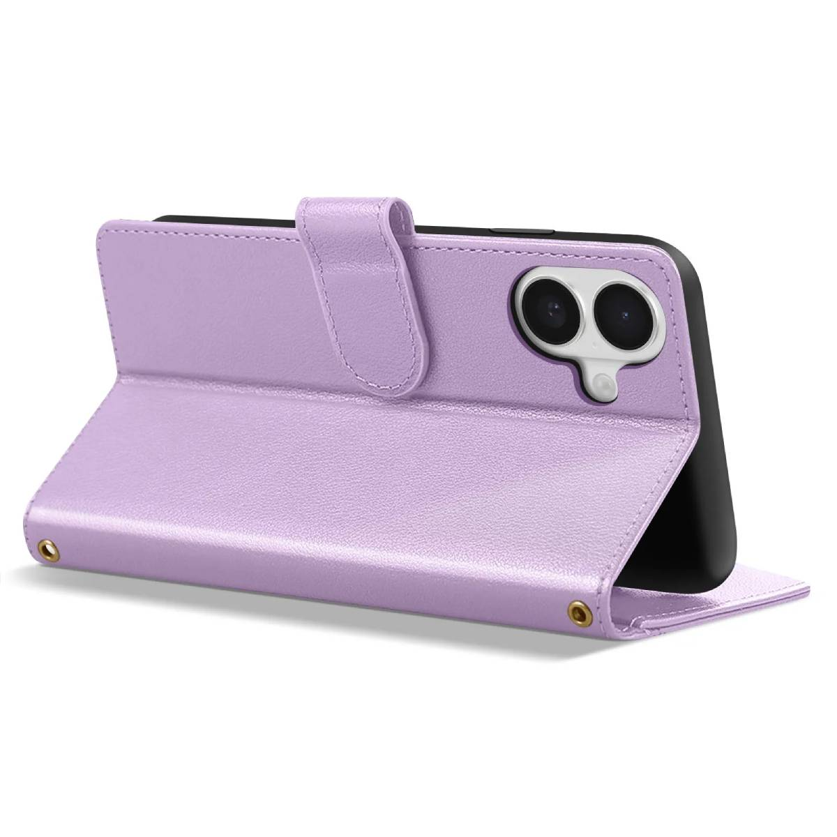 Una custodia per telefono lavanda è aperta, rivelando un telefono nero. La custodia è simile alla pelle con una chiusura. Il telefono ha lenti della fotocamera.