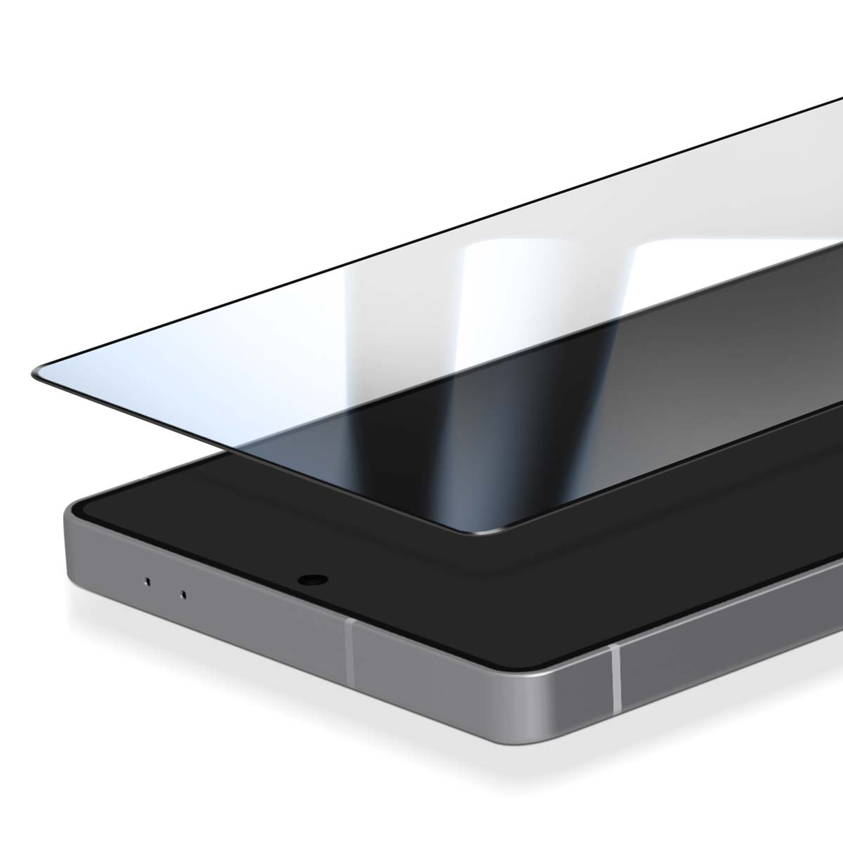 Een smartphone met een schermbeschermer die wordt aangebracht. De telefoon is grijs, het scherm is zwart en de beschermer is helder.