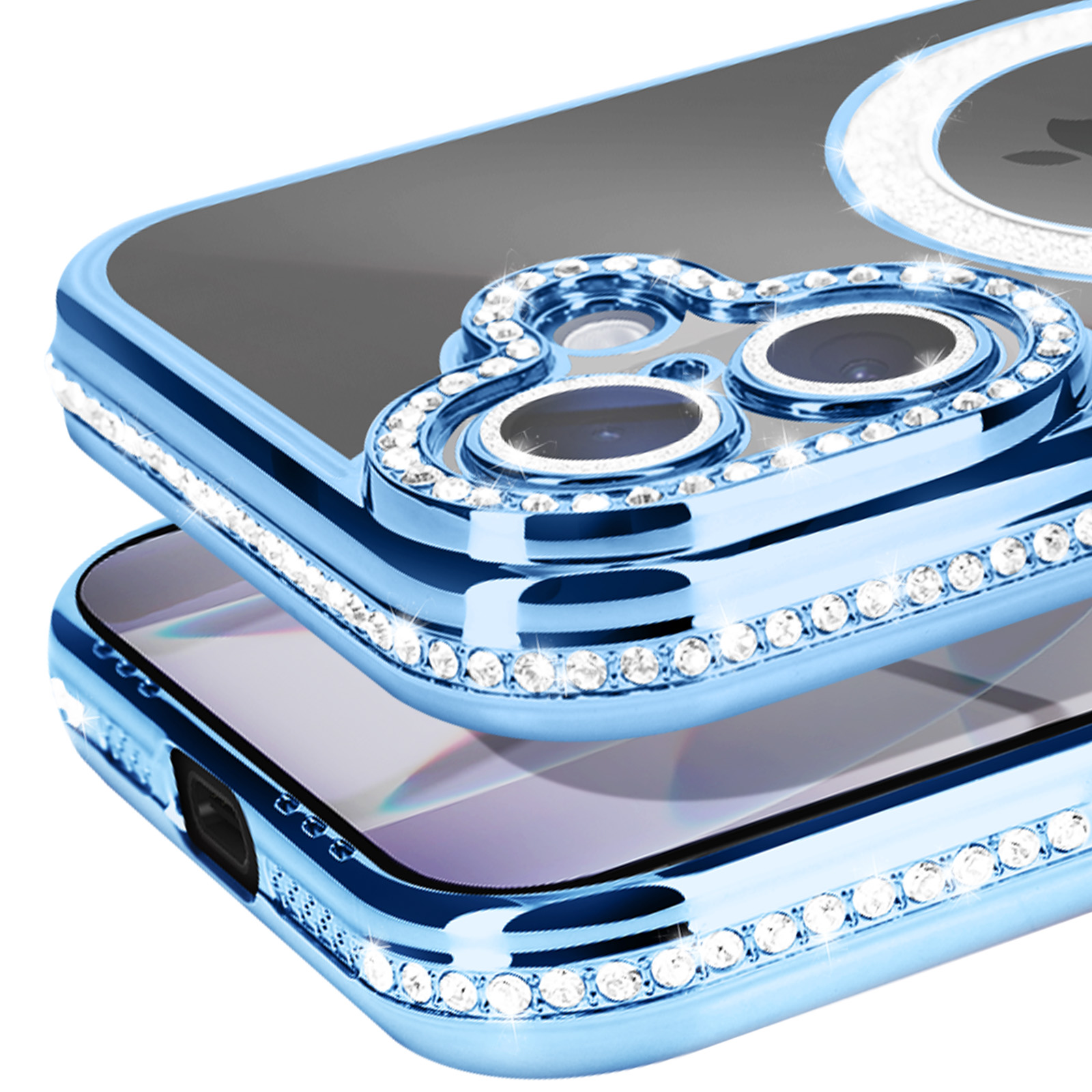 Gros plan sur une coque de téléphone bleue avec des strass étincelants. Deux couches sont visibles, la supérieure comporte des découpes caméra.