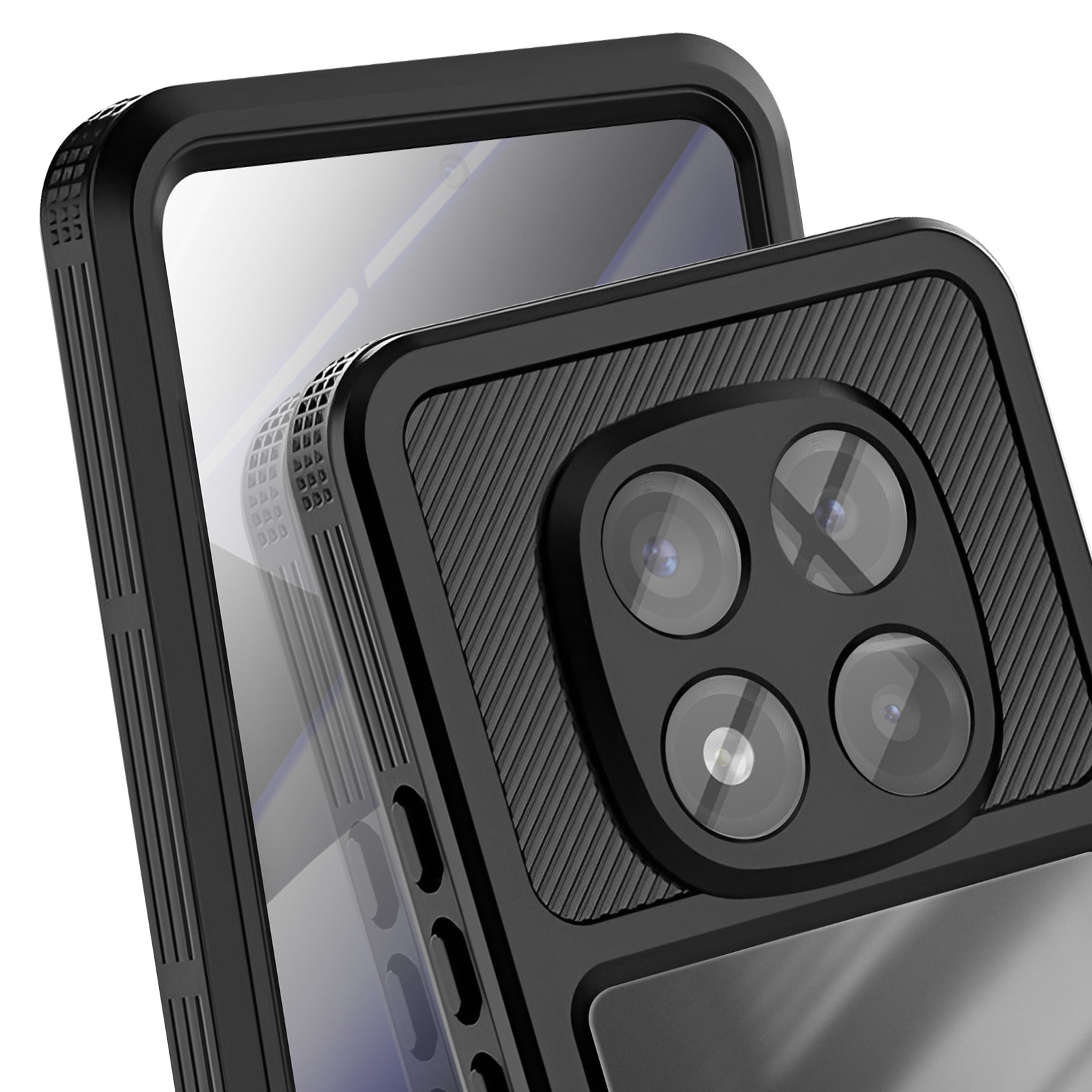 Primo piano di una custodia nera per telefono con quattro lenti della fotocamera. La custodia ha un retro strutturato e una protezione per lo schermo trasparente.