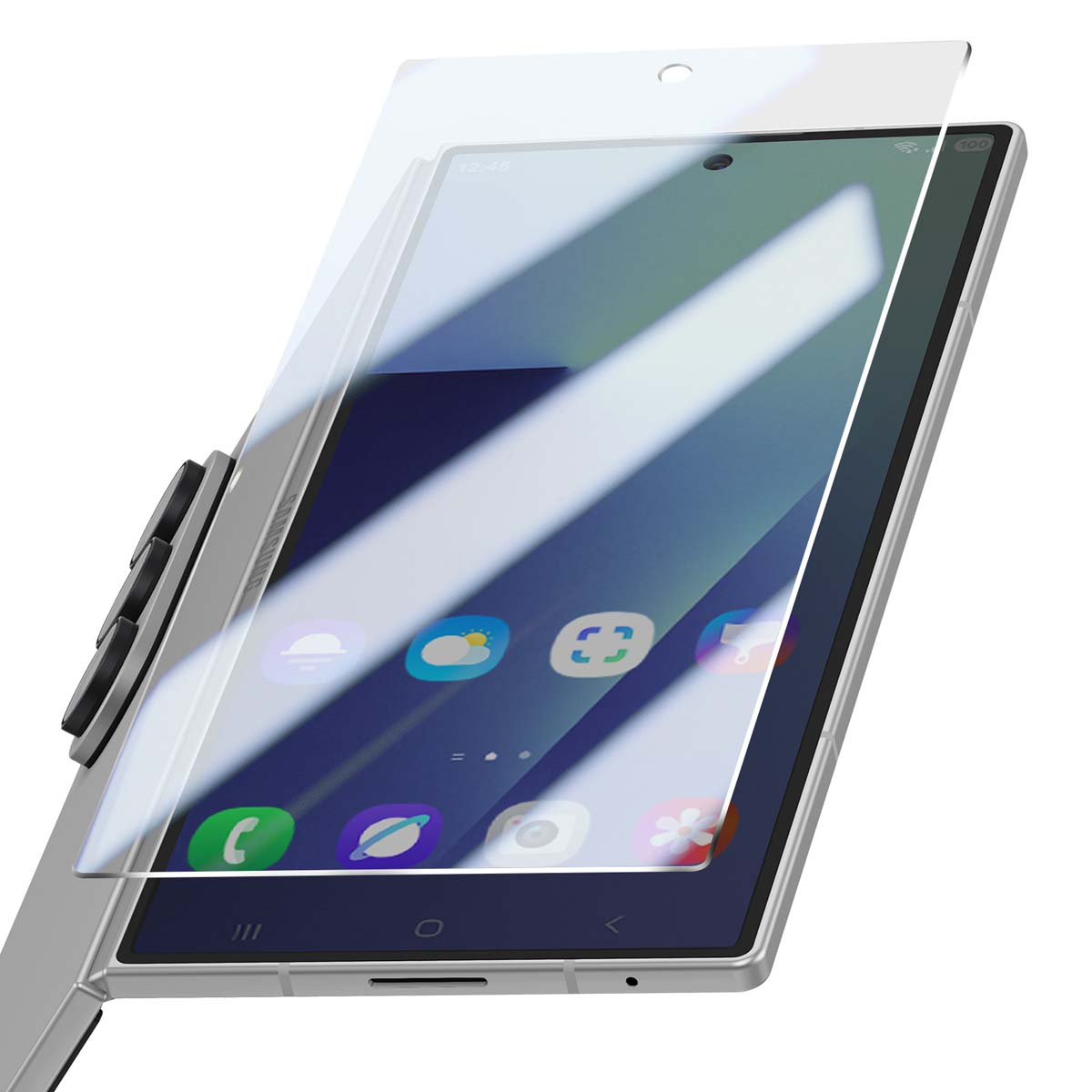 Een smartphone met een schermbeschermer. Het scherm toont app-iconen en de telefoon heeft een zilveren frame en zwarte knoppen.