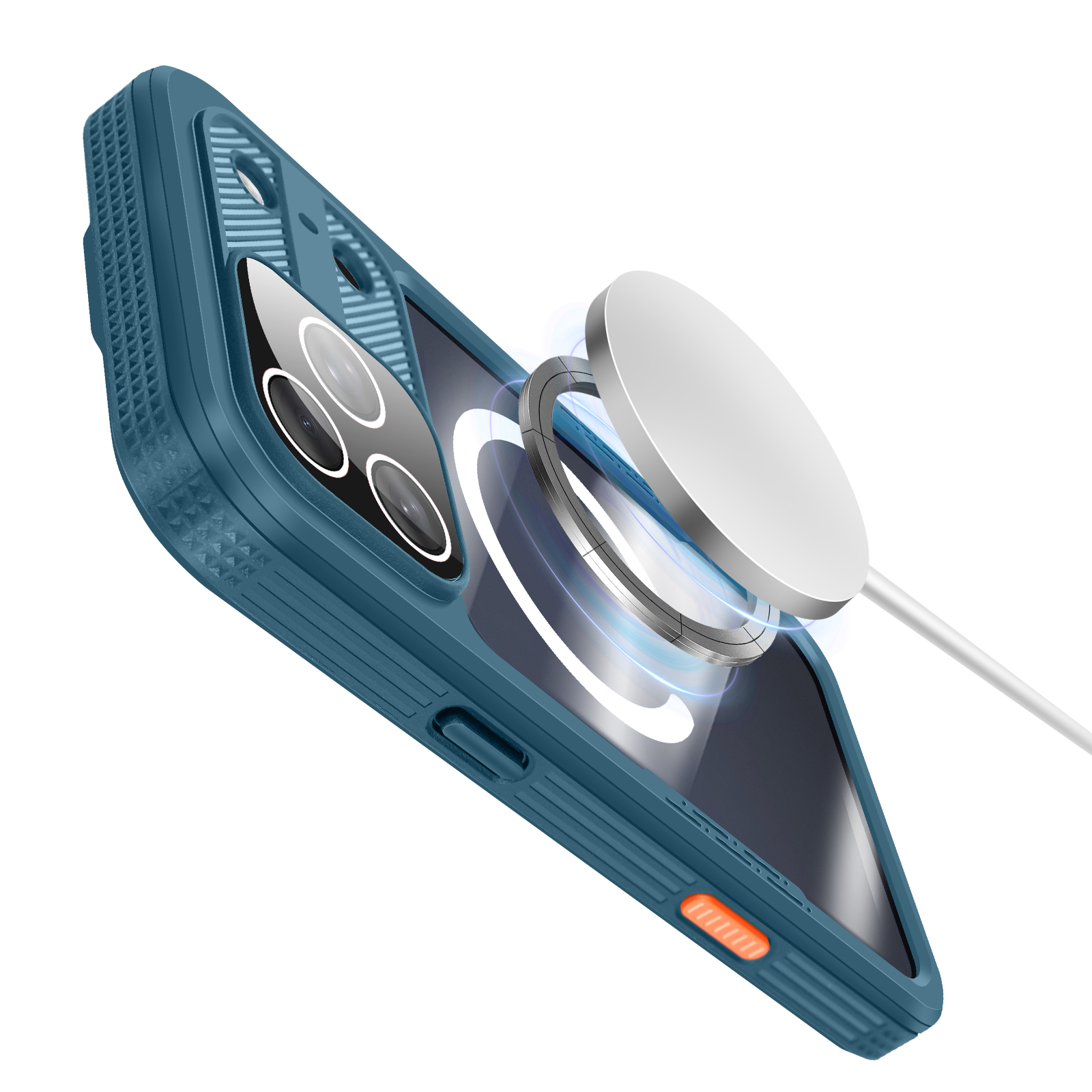 Une coque de téléphone bleu canard avec un chargeur argenté. La coque a une découpe pour l'appareil photo et un bouton orange.