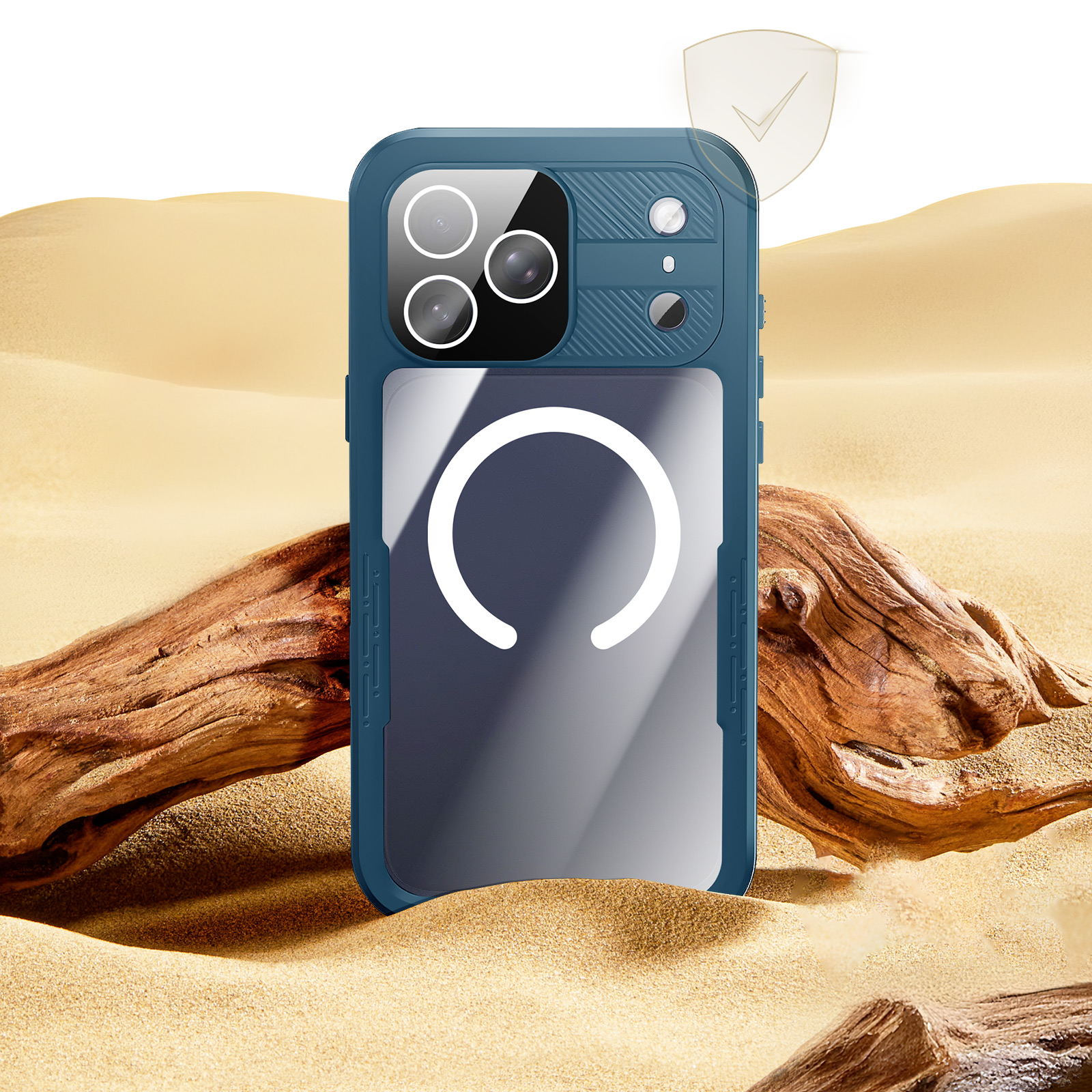 Un étui de téléphone est placé sur du sable avec une bûche en bois. L'étui est bleu-vert et a un cercle blanc.