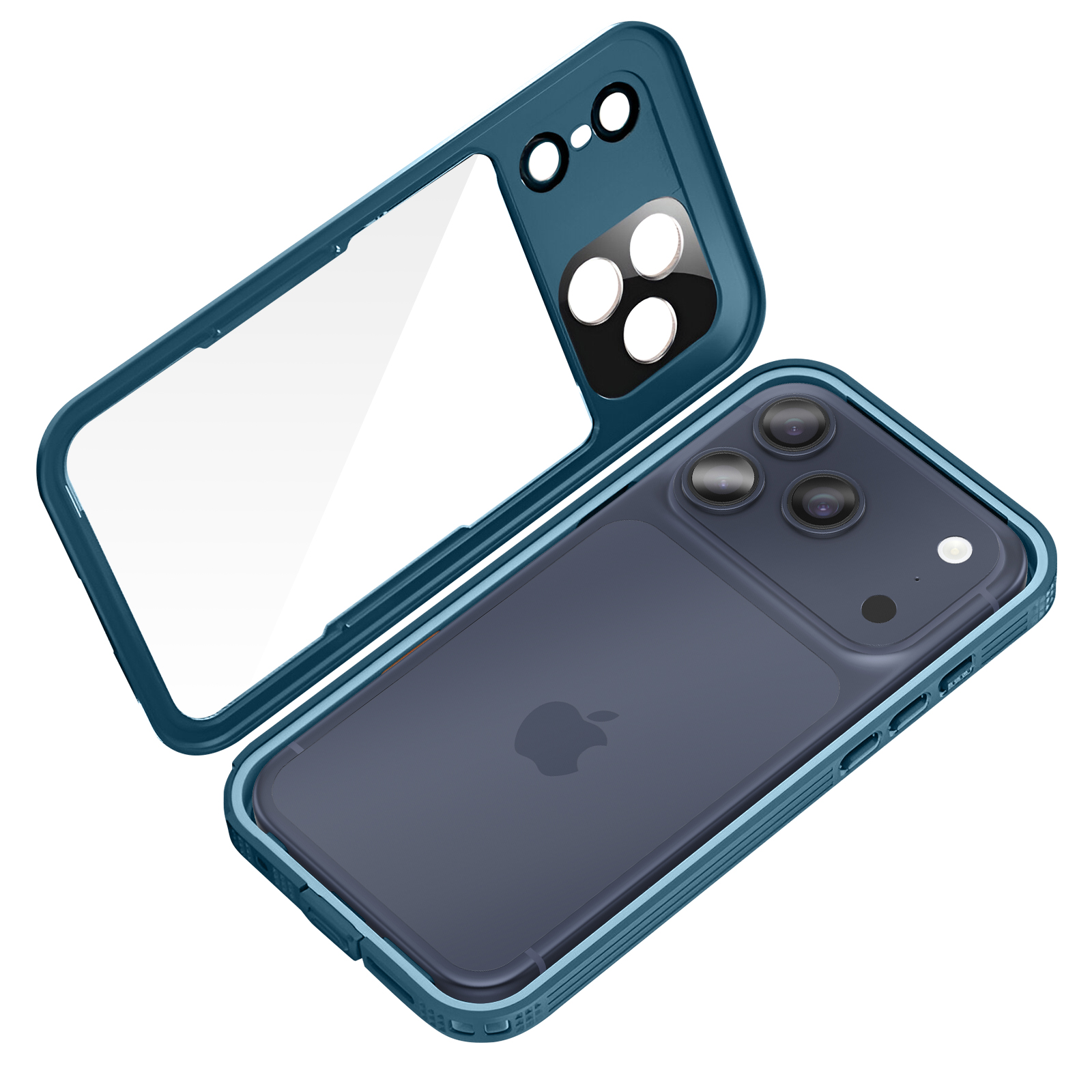 Une coque d'iPhone sarcelle, ouverte pour révéler le téléphone. La coque a des ouvertures pour la caméra et les boutons.
