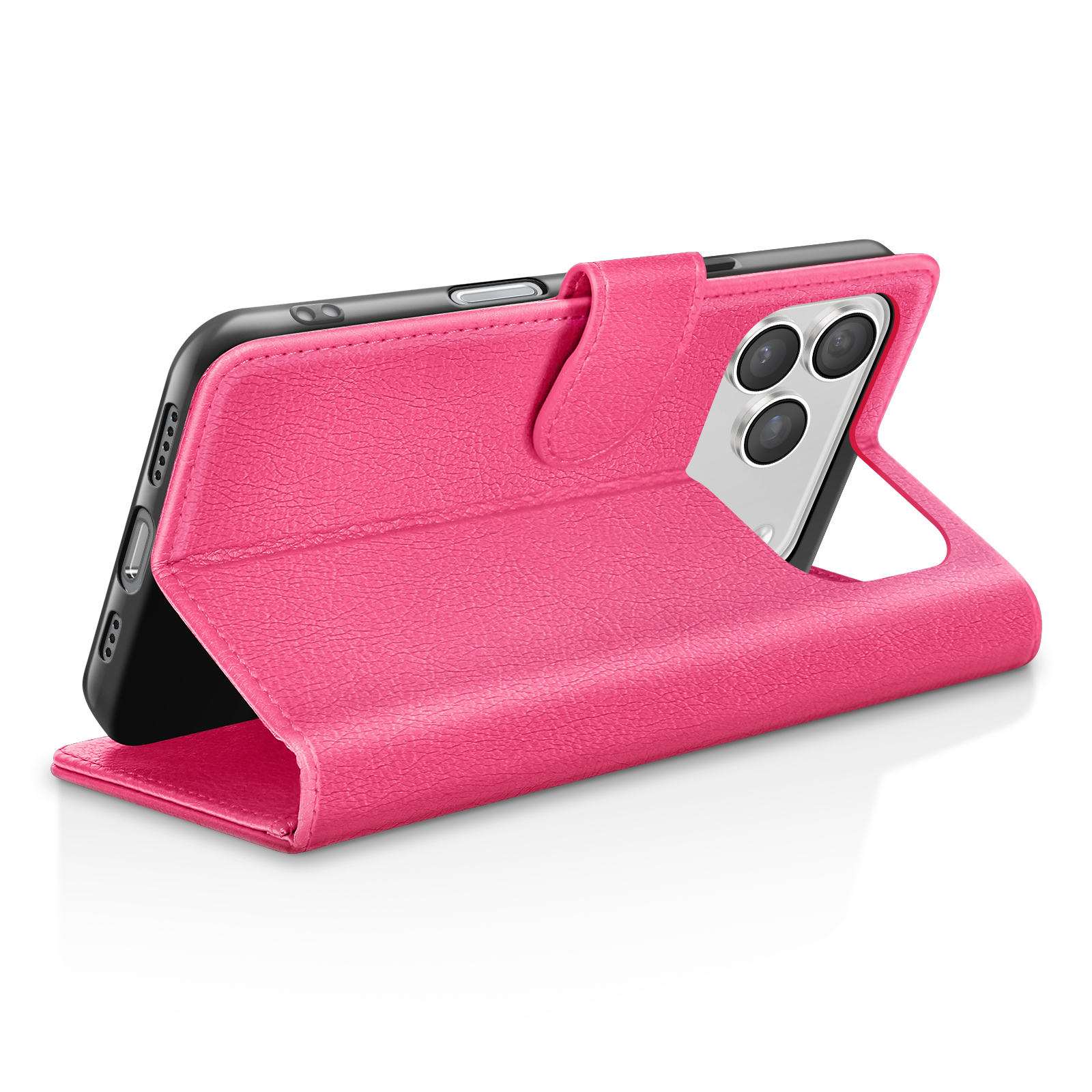 Een roze telefoonhoes is open en onthult een zwarte telefoon met meerdere cameralenzen. De achtergrond is wit.