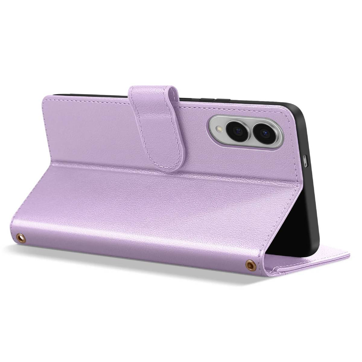 Eine lila Handyhülle ist geöffnet und zeigt ein schwarzes Telefon. Die Hülle ist lederartig mit einem Verschluss. Das Telefon hat zwei Kameras.