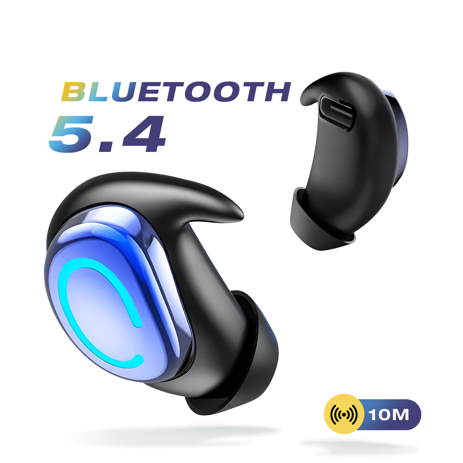 Écouteurs sans fil noirs avec accents de lumière bleue. Bluetooth 5.4. Fond blanc. Icône de portée 10M.