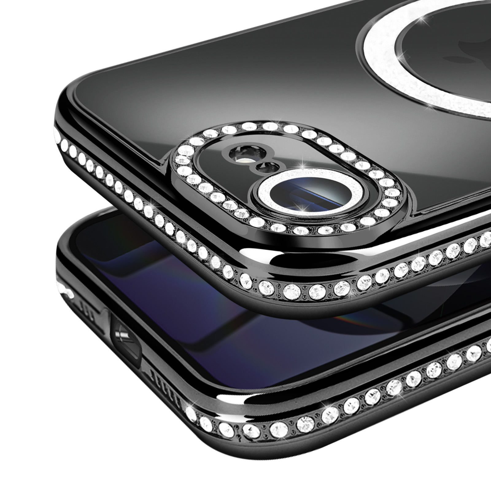 Close-up van een zwarte telefoonhoes met ingebedde strass-steentjes rond de randen en de camera. De achtergrond is wit.