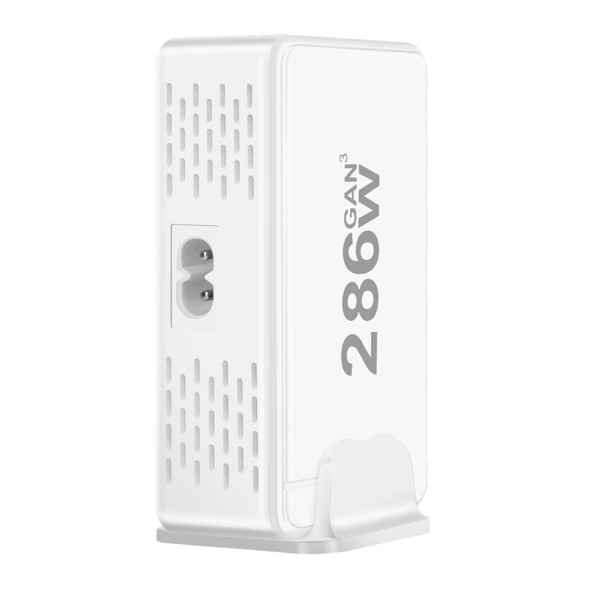 Un caricatore GAN bianco con etichetta 286W. Ha una presa elettrica e fessure di ventilazione. Il caricatore poggia su una base bianca.
