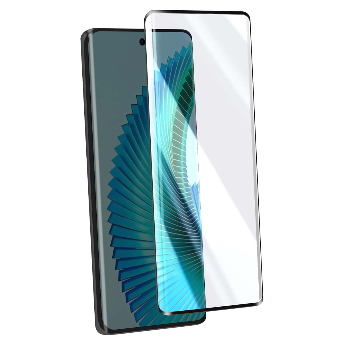 Een smartphone met een schermbeschermer. De telefoon heeft een zwart frame, het scherm toont een blauw golfpatroon.