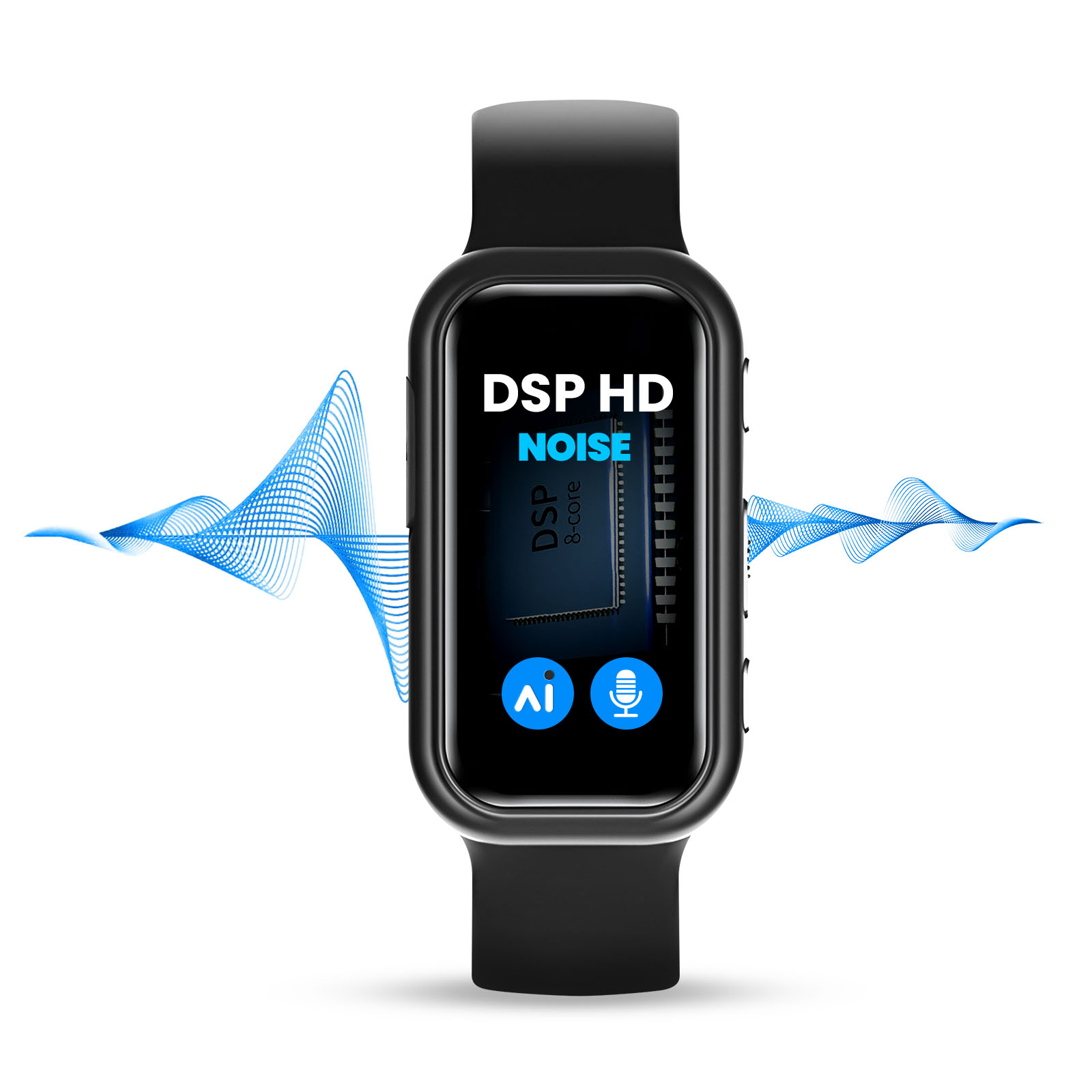 Schwarze Smartwatch mit DSP HD NOISE auf dem Bildschirm, blauen Schallwellen und AI/Mikrofon-Symbolen auf weißem Hintergrund.