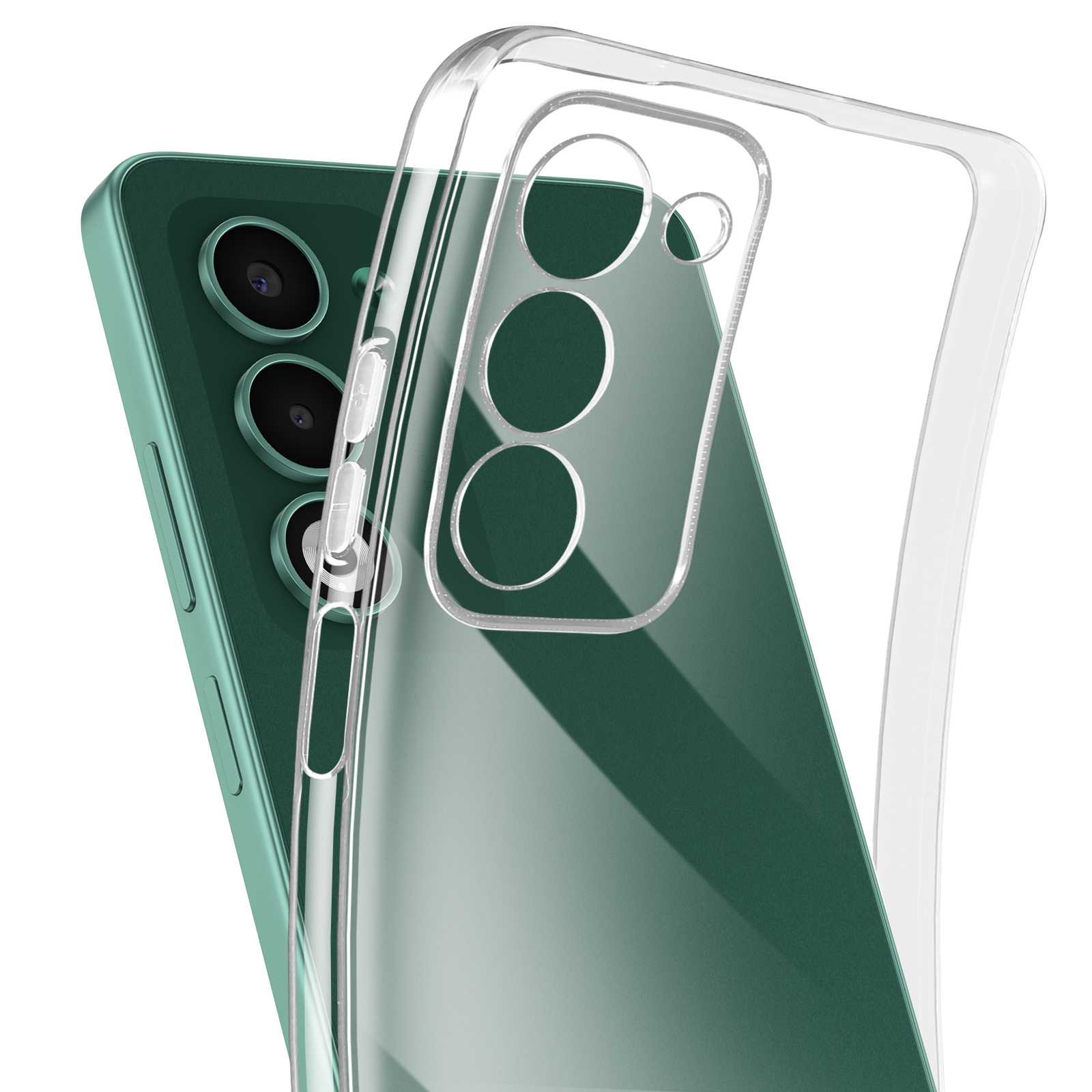Smartphone verde con custodia trasparente. La custodia è sopra le lenti della fotocamera e i pulsanti.